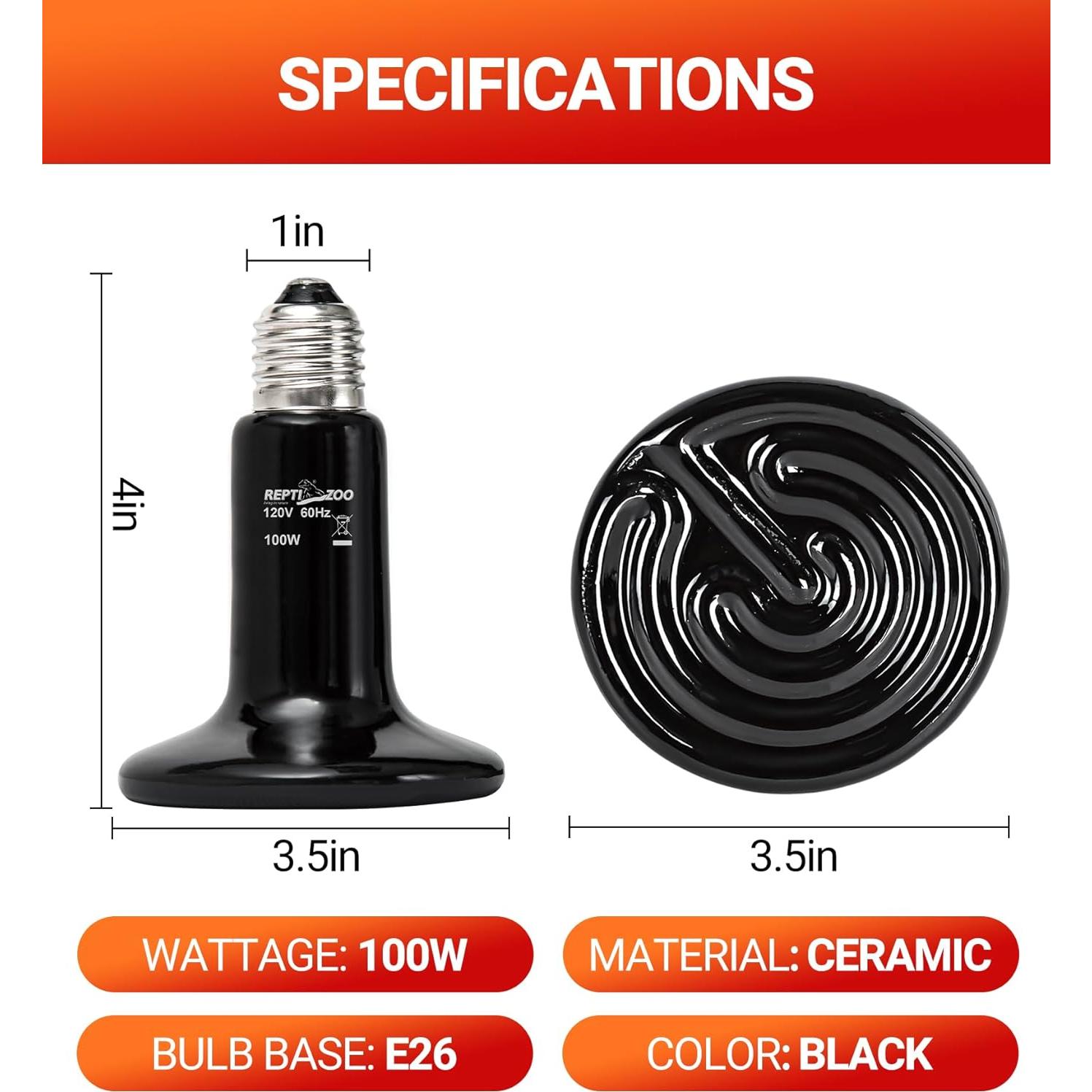 Lámpara de Calor Cerámica REPTI ZOO 100W 2 Pack para Reptiles
