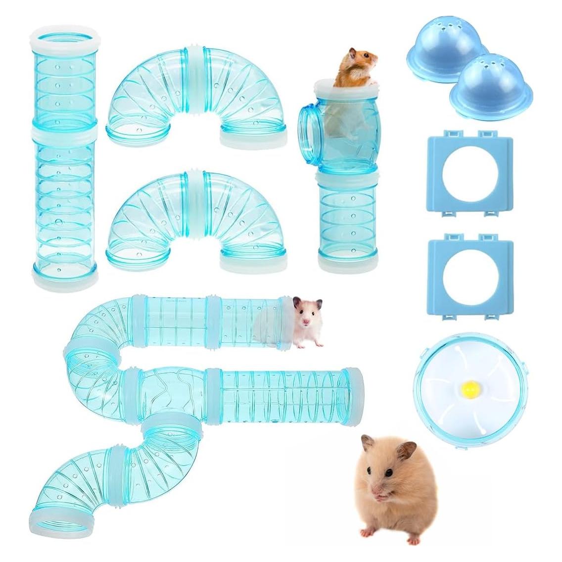 Kit de Tubos para Hámster IBEQUEM - 16 Tubos y Rueda Azul