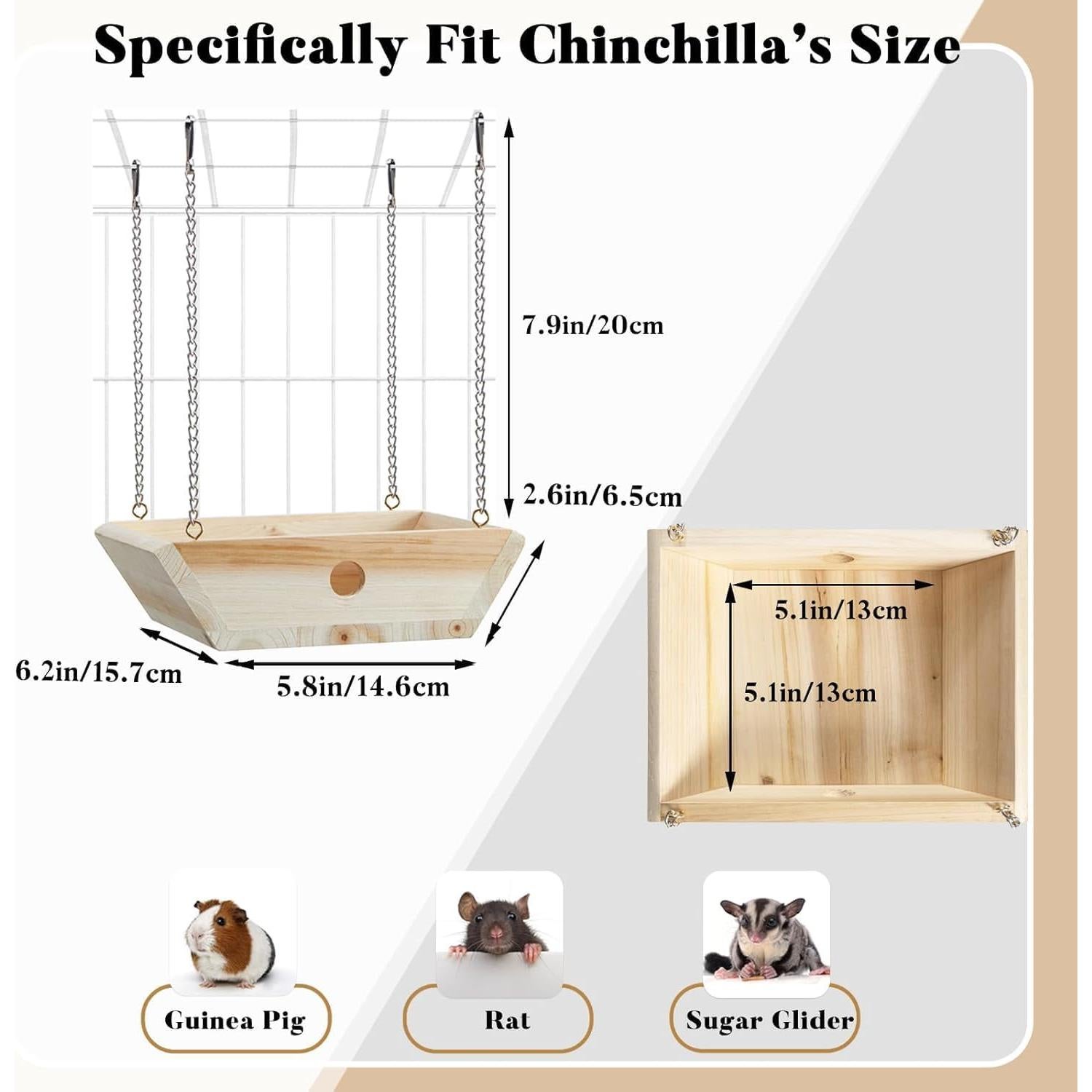 Hamaca de Madera Natural Jevnd para Chinchilla 15.7x14.7cm