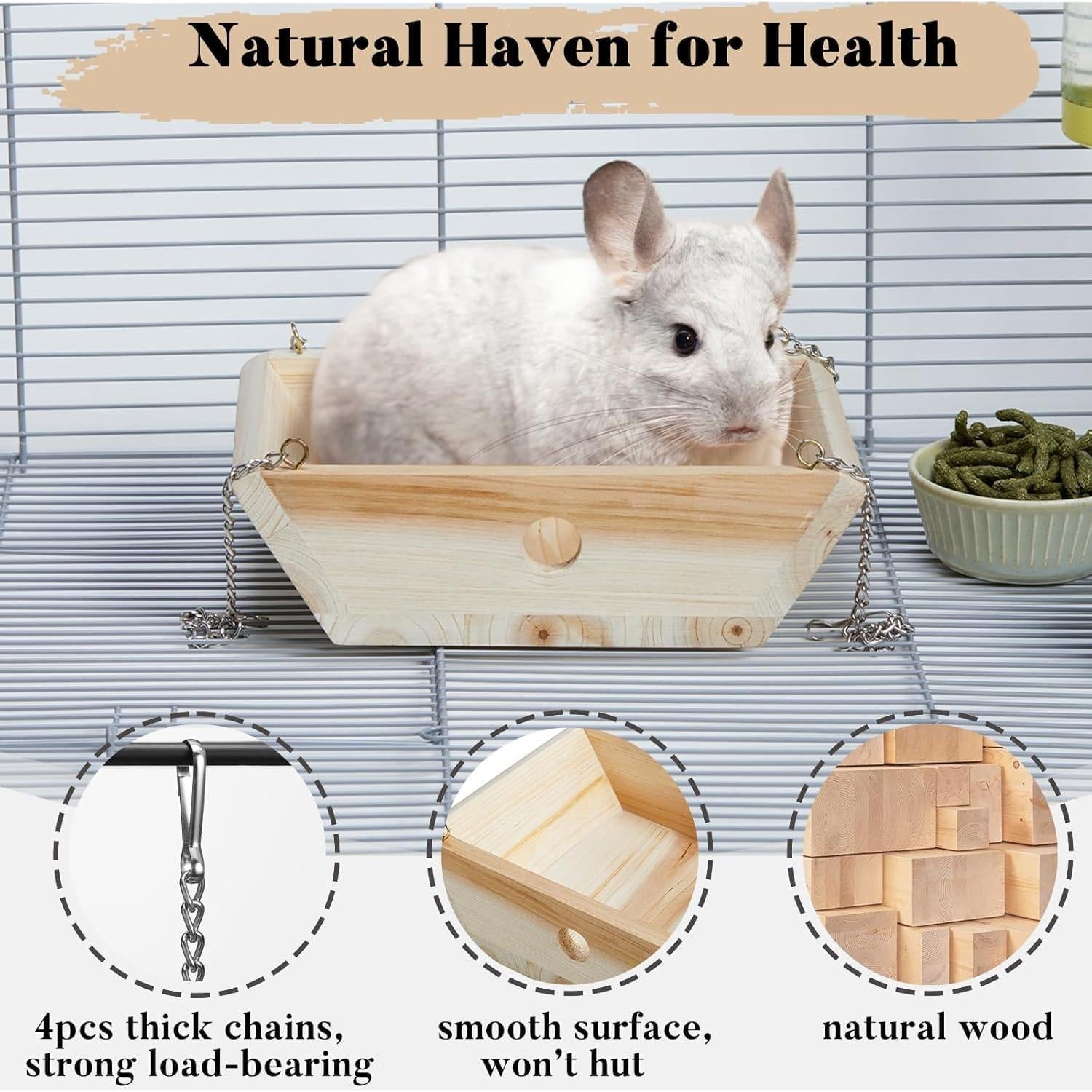 Hamaca de Madera Natural Jevnd para Chinchilla 15.7x14.7cm