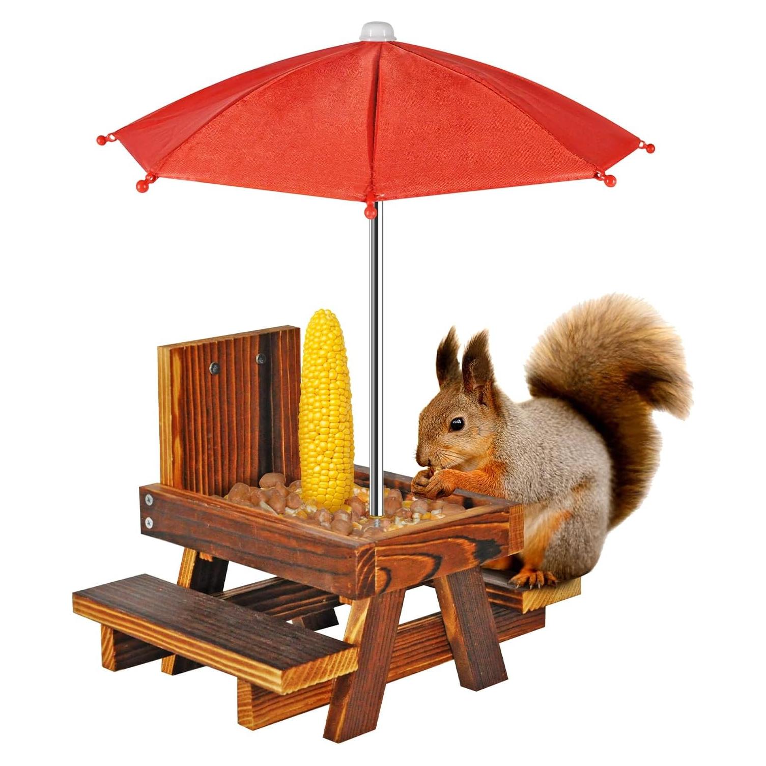 Comedero para Ardillas NB2GHYQJ con Paraguas y Soporte de Madera