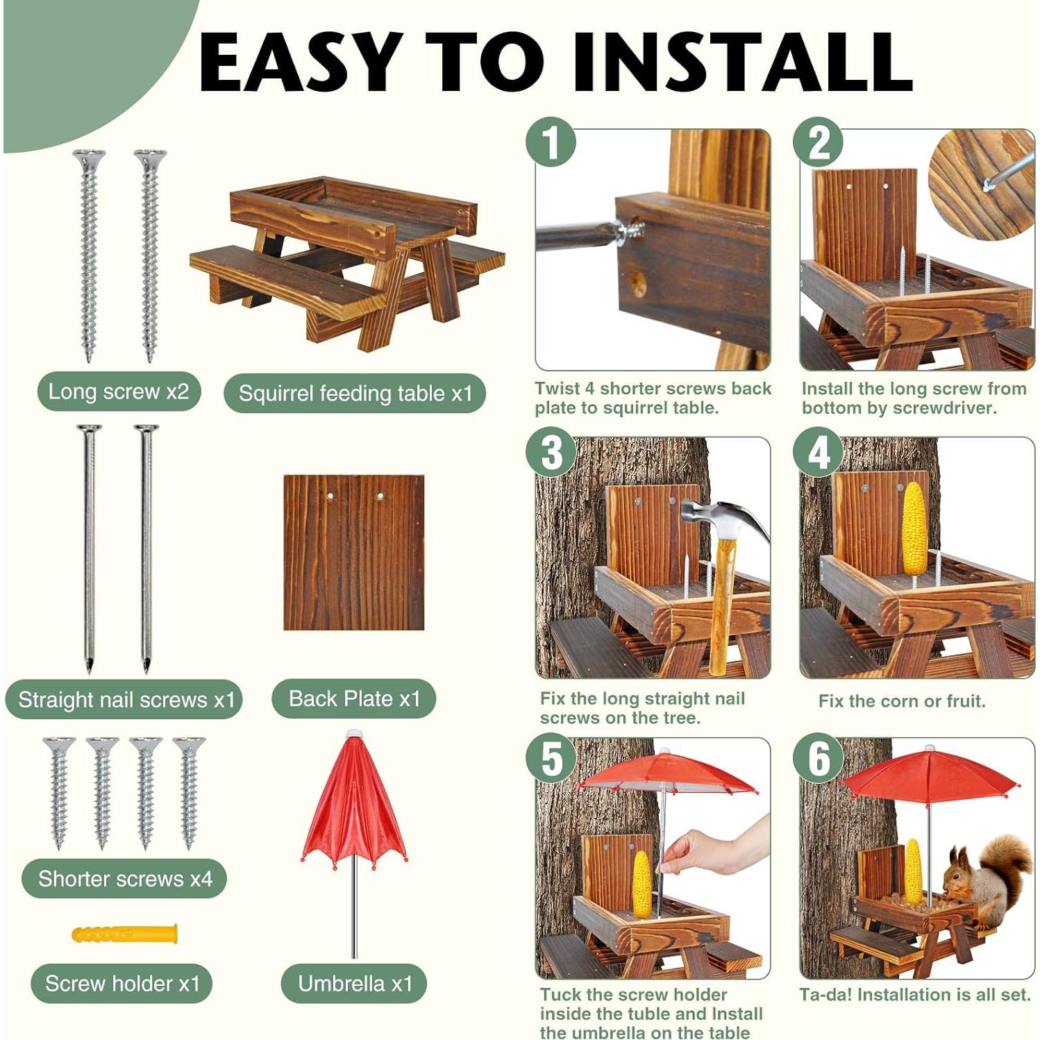 Comedero para Ardillas NB2GHYQJ con Paraguas y Soporte de Madera