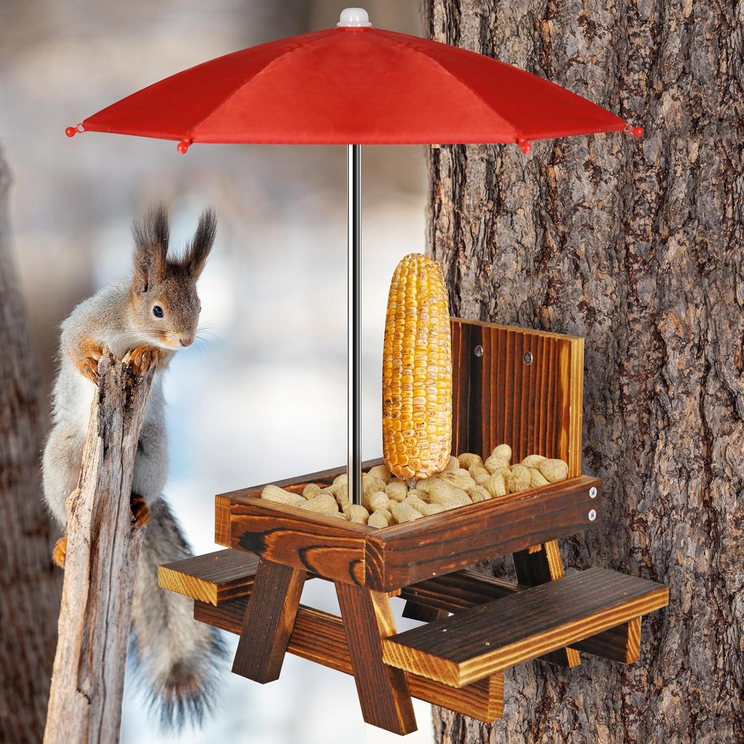 Comedero para Ardillas NB2GHYQJ con Paraguas y Soporte de Madera