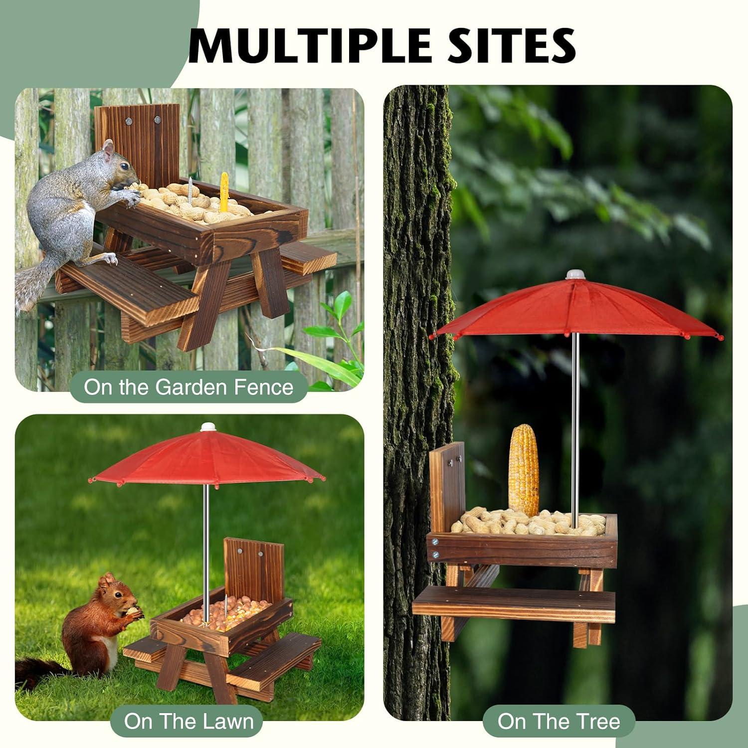 Comedero para Ardillas NB2GHYQJ con Paraguas y Soporte de Madera