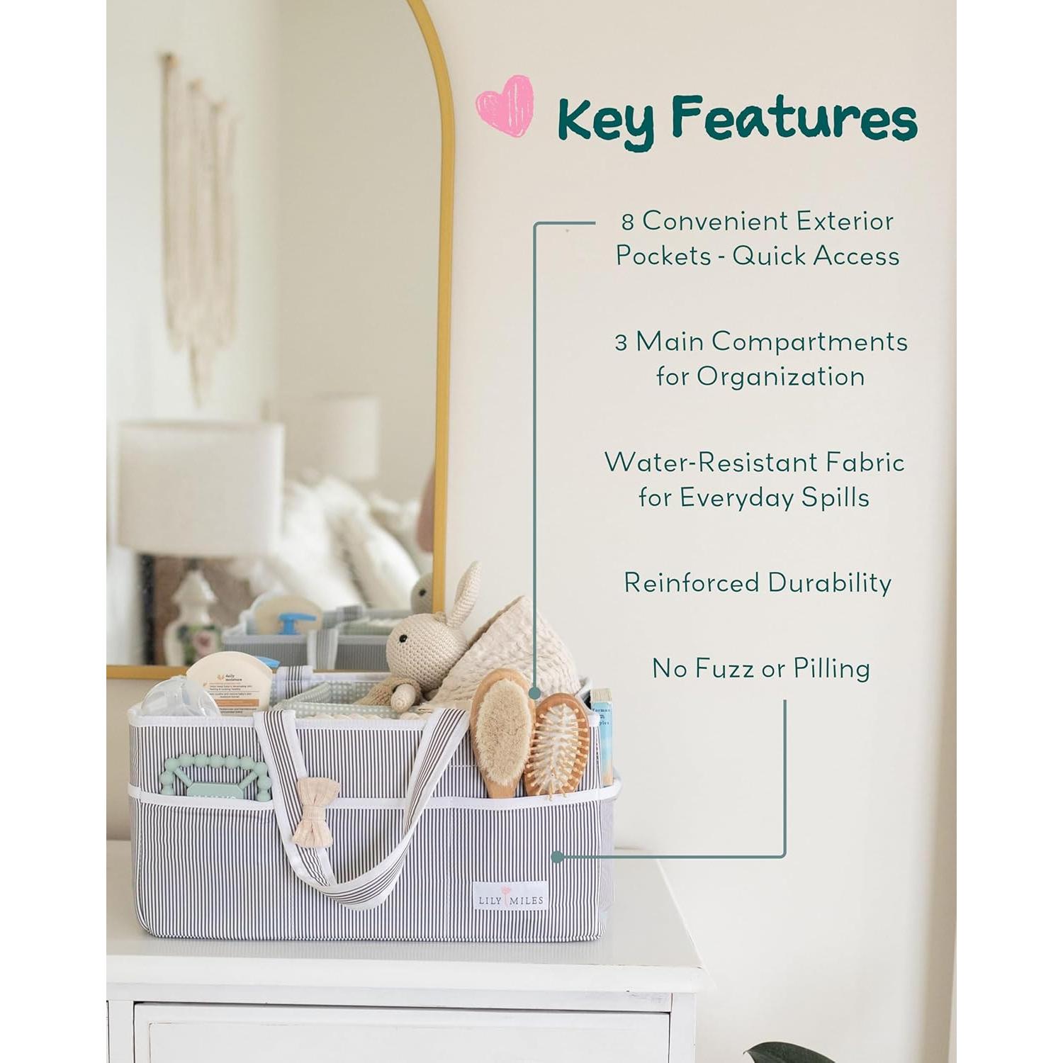 Cesta de Pañales Lily Miles Grande Gris/Menta - Organizador Portátil