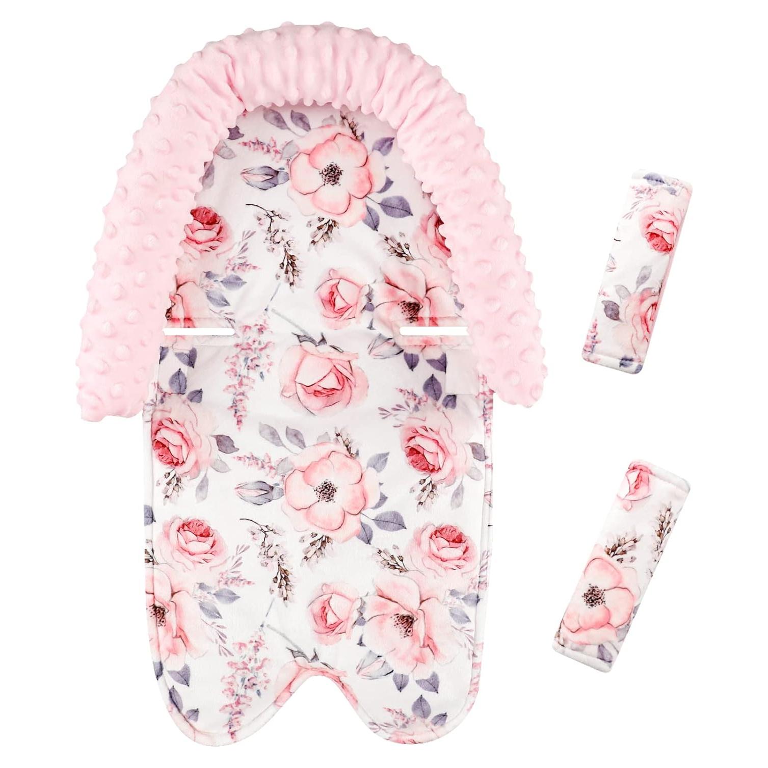 Soporte para cabeza de bebé minky floral rosa + cubiertas de cinturón