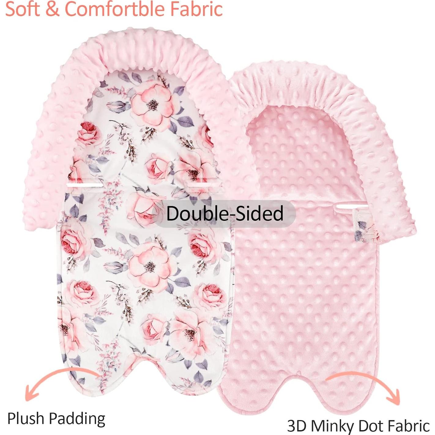 Soporte para cabeza de bebé minky floral rosa + cubiertas de cinturón
