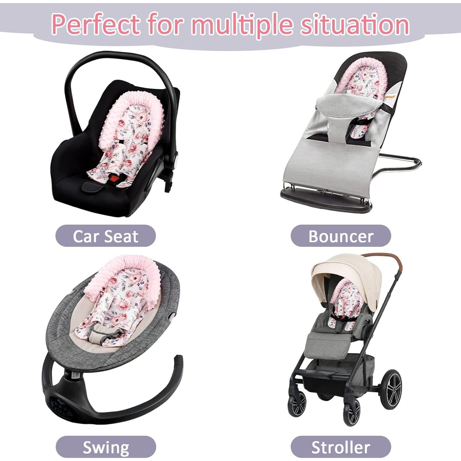 Soporte para cabeza de bebé minky floral rosa + cubiertas de cinturón