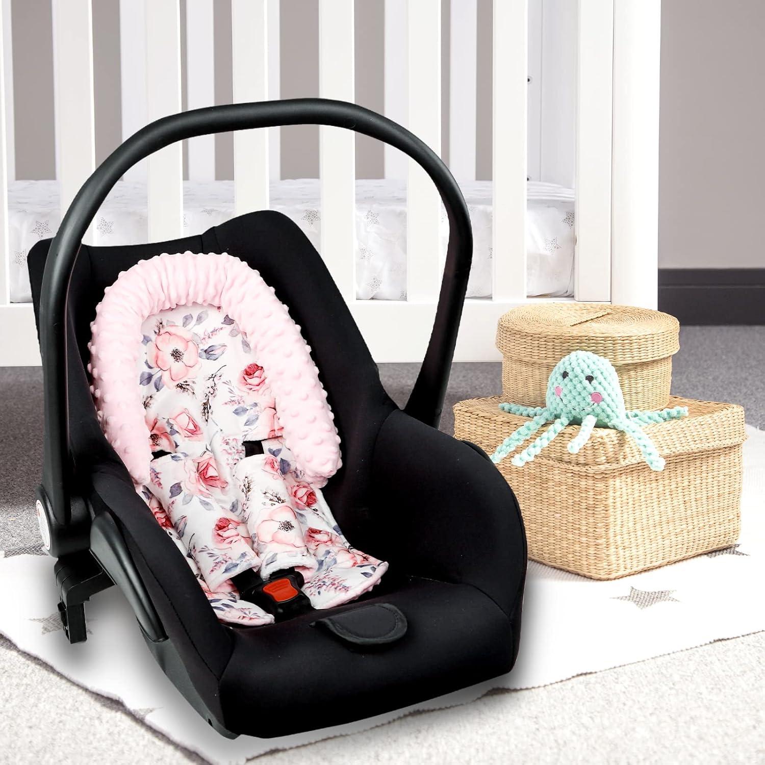 Soporte para cabeza de bebé minky floral rosa + cubiertas de cinturón