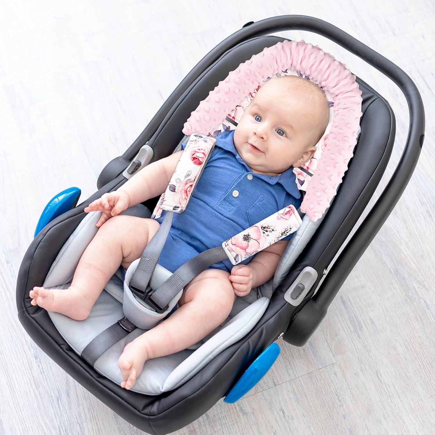 Soporte para cabeza de bebé minky floral rosa + cubiertas de cinturón