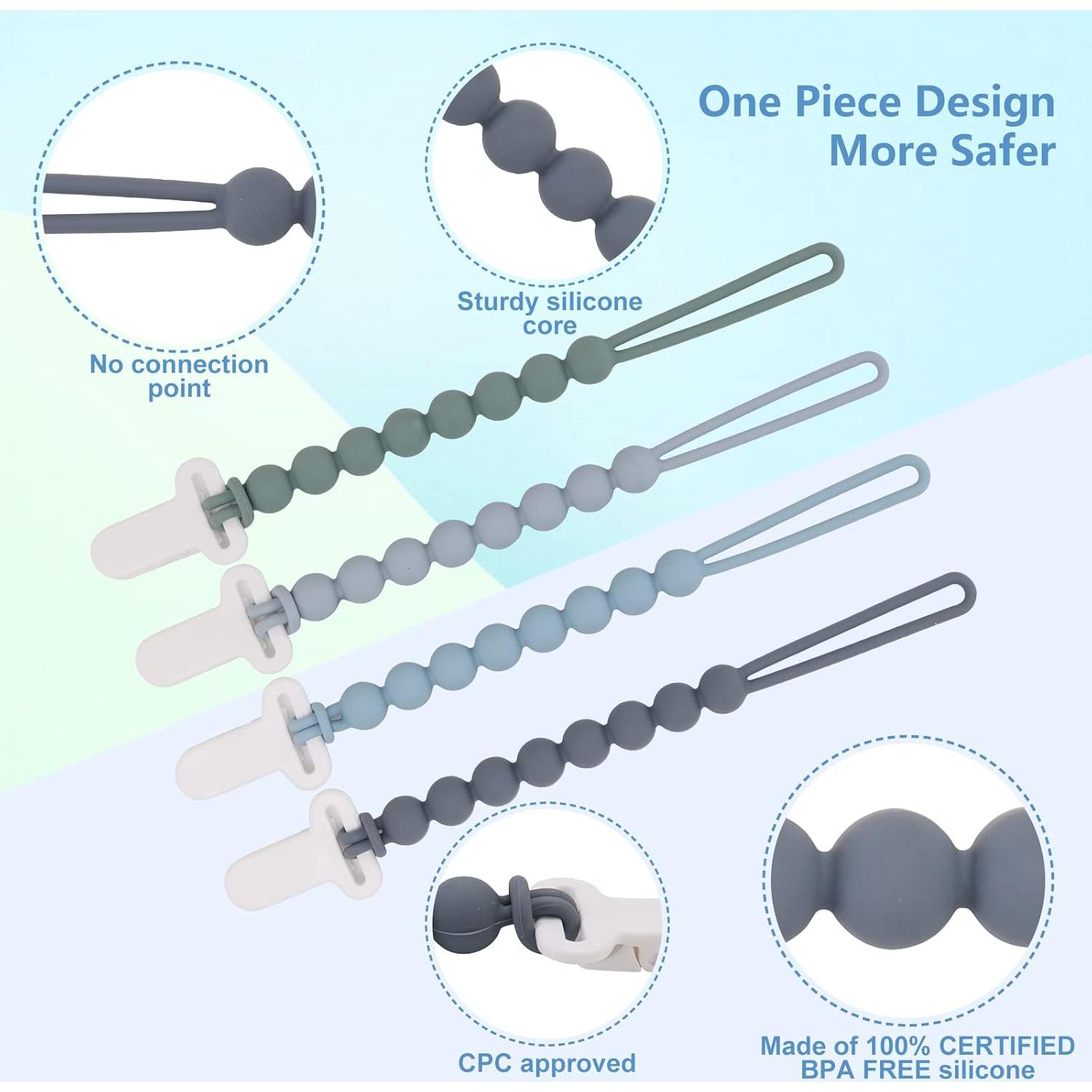 Clip de Chupete de Silicona Gris - 4 Piezas, Seguro y Práctico