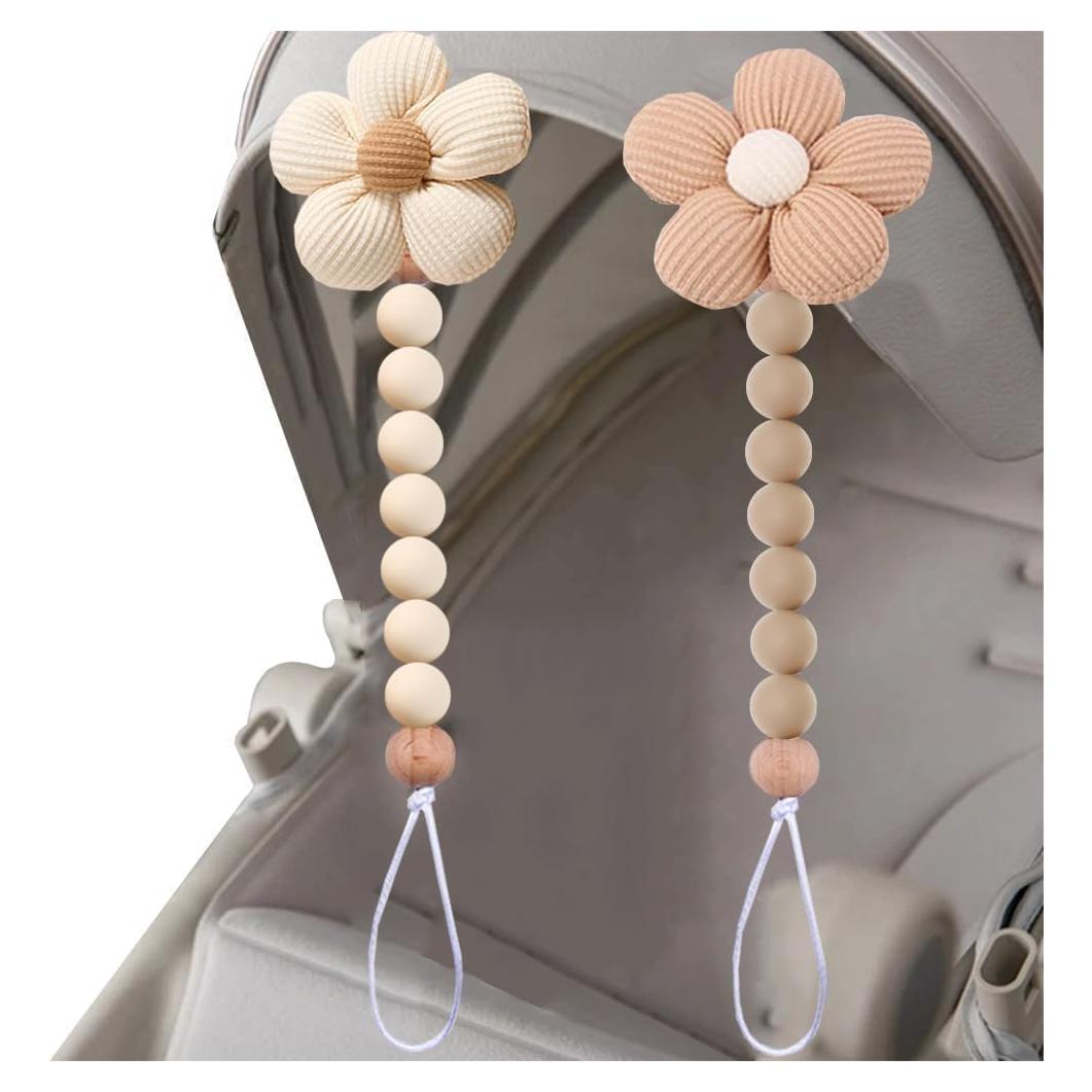 Clip de Chupete Floral de Silicona Beige y Marrón - 2 Piezas