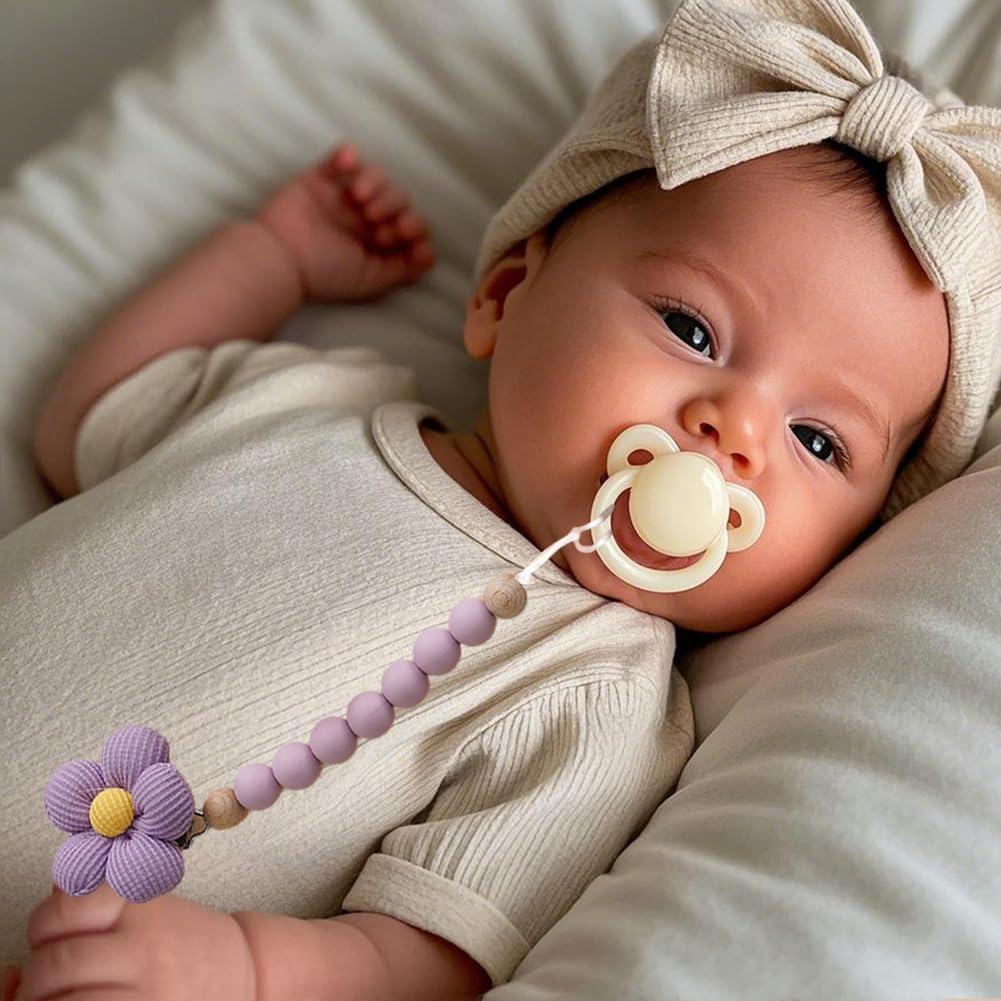 Clip de Chupete Floral de Silicona Beige y Marrón - 2 Piezas