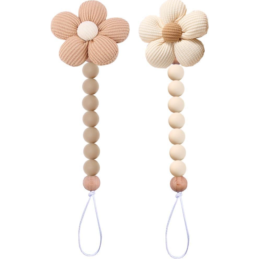Clip de Chupete Floral de Silicona Beige y Marrón - 2 Piezas