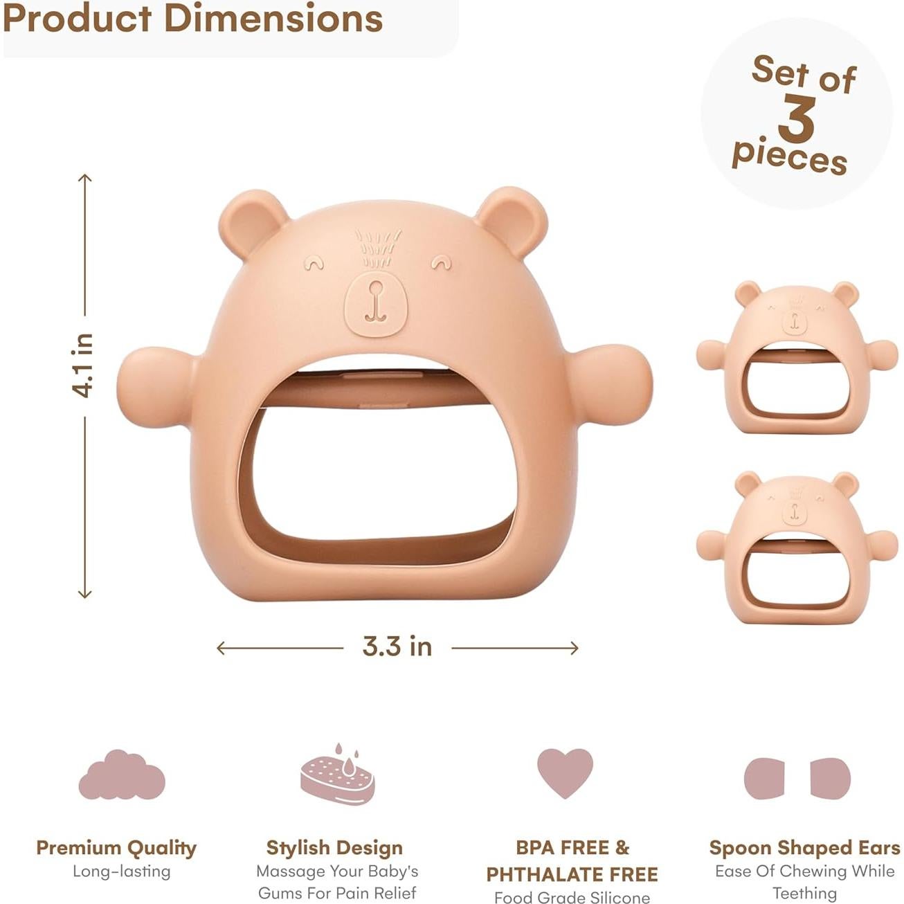 Set de 3 Mitones de Oso de Silicona para Bebés 0-6 Meses