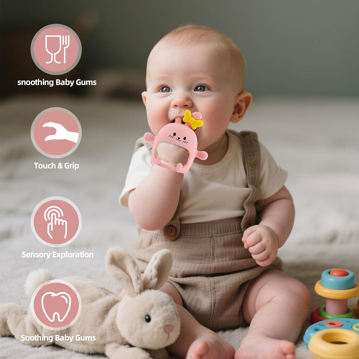 Mitones de Silicona para Dentición Bebé Conejito Rosa - Libre de BPA