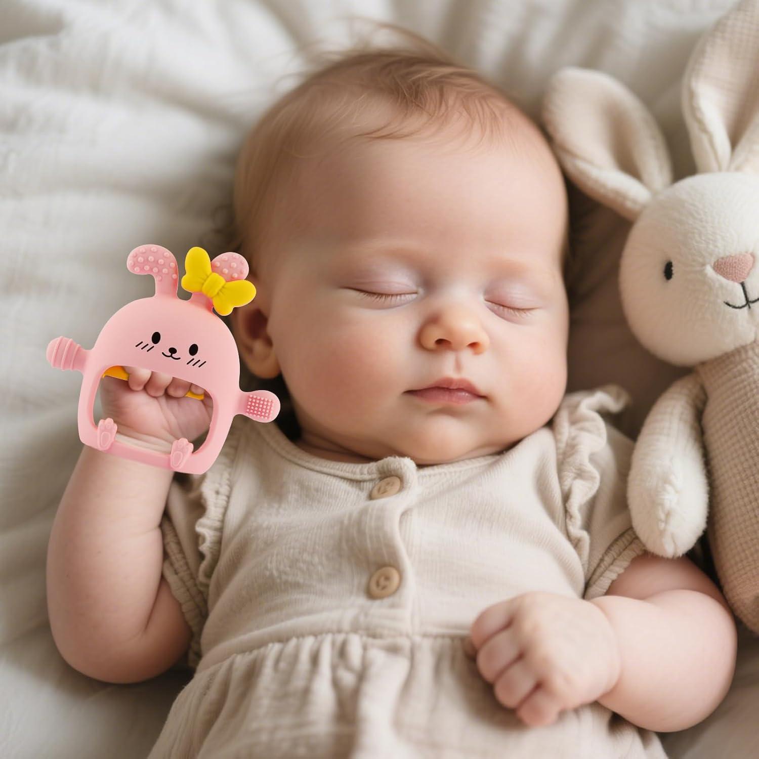 Mitones de Silicona para Dentición Bebé Conejito Rosa - Libre de BPA
