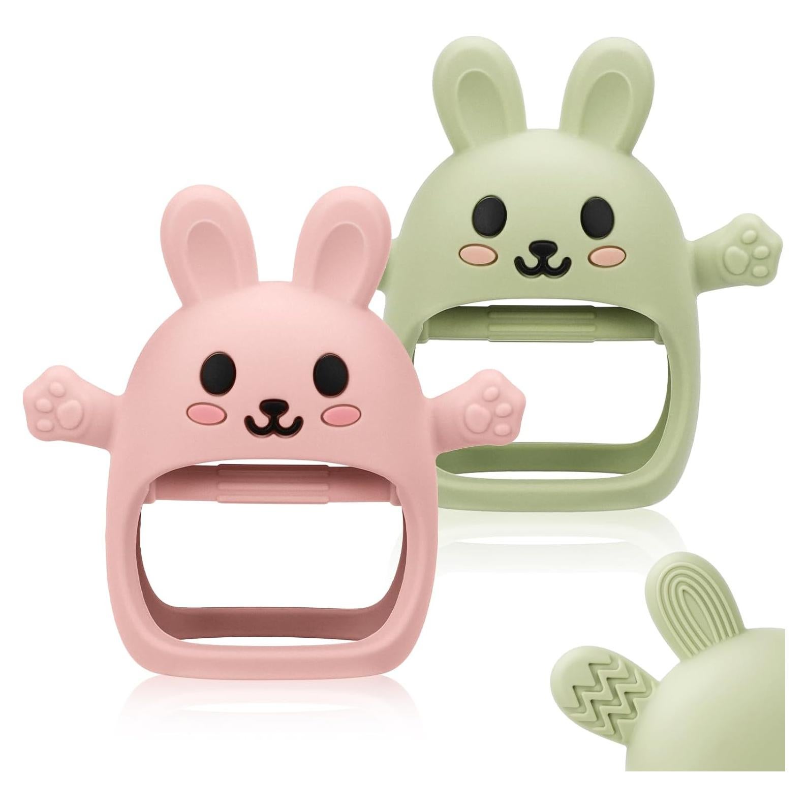Paquete de 2 Juguetes de Dentición Silicona Conejo Rosa Verde