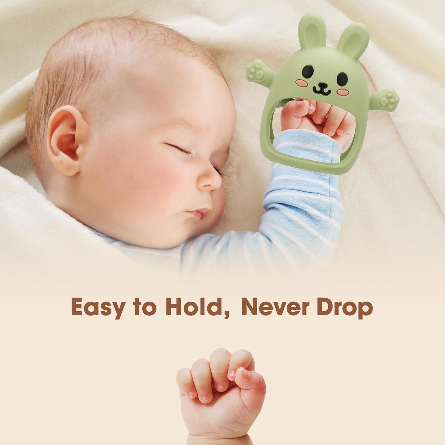 Paquete de 2 Juguetes de Dentición Silicona Conejo Rosa Verde