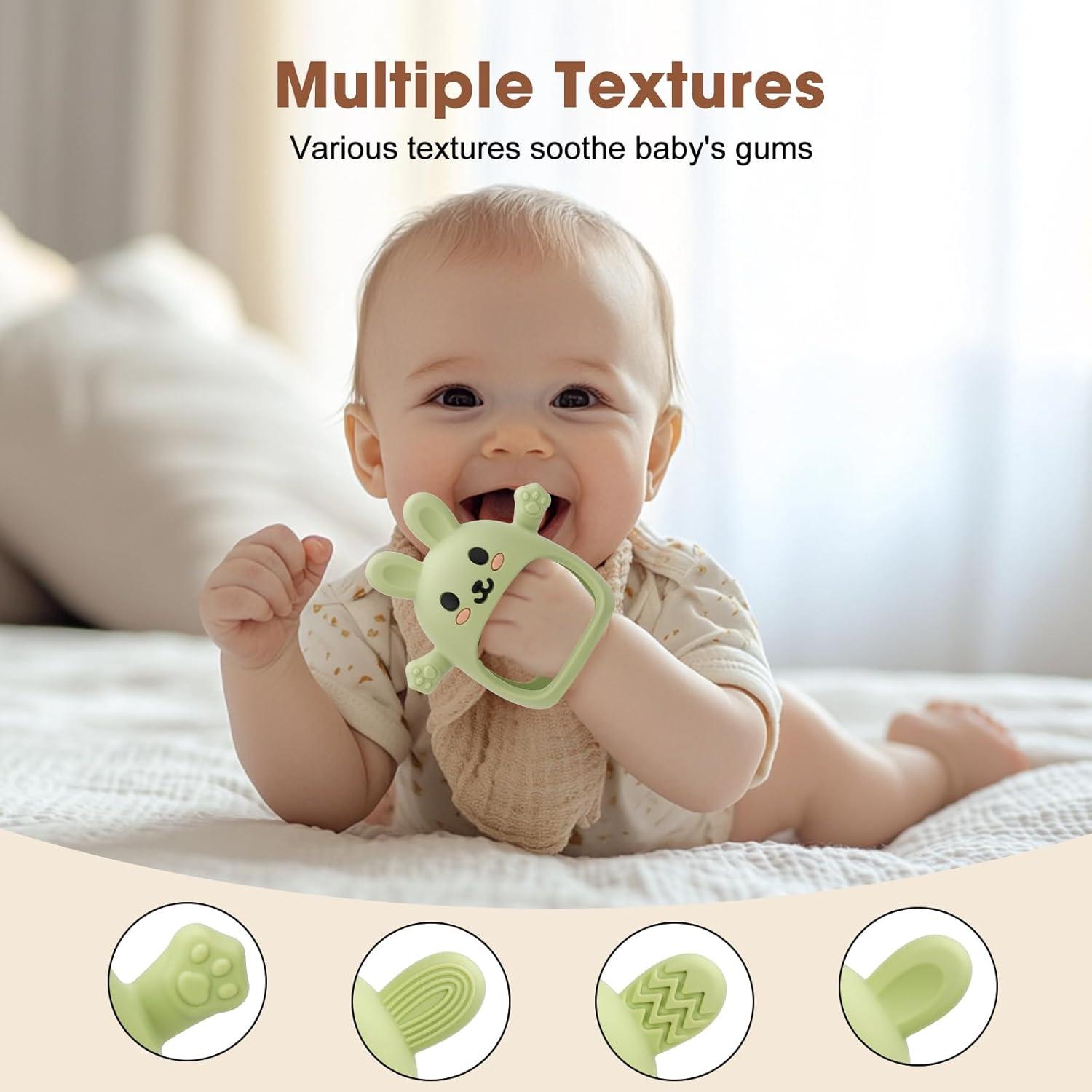 Paquete de 2 Juguetes de Dentición Silicona Conejo Rosa Verde