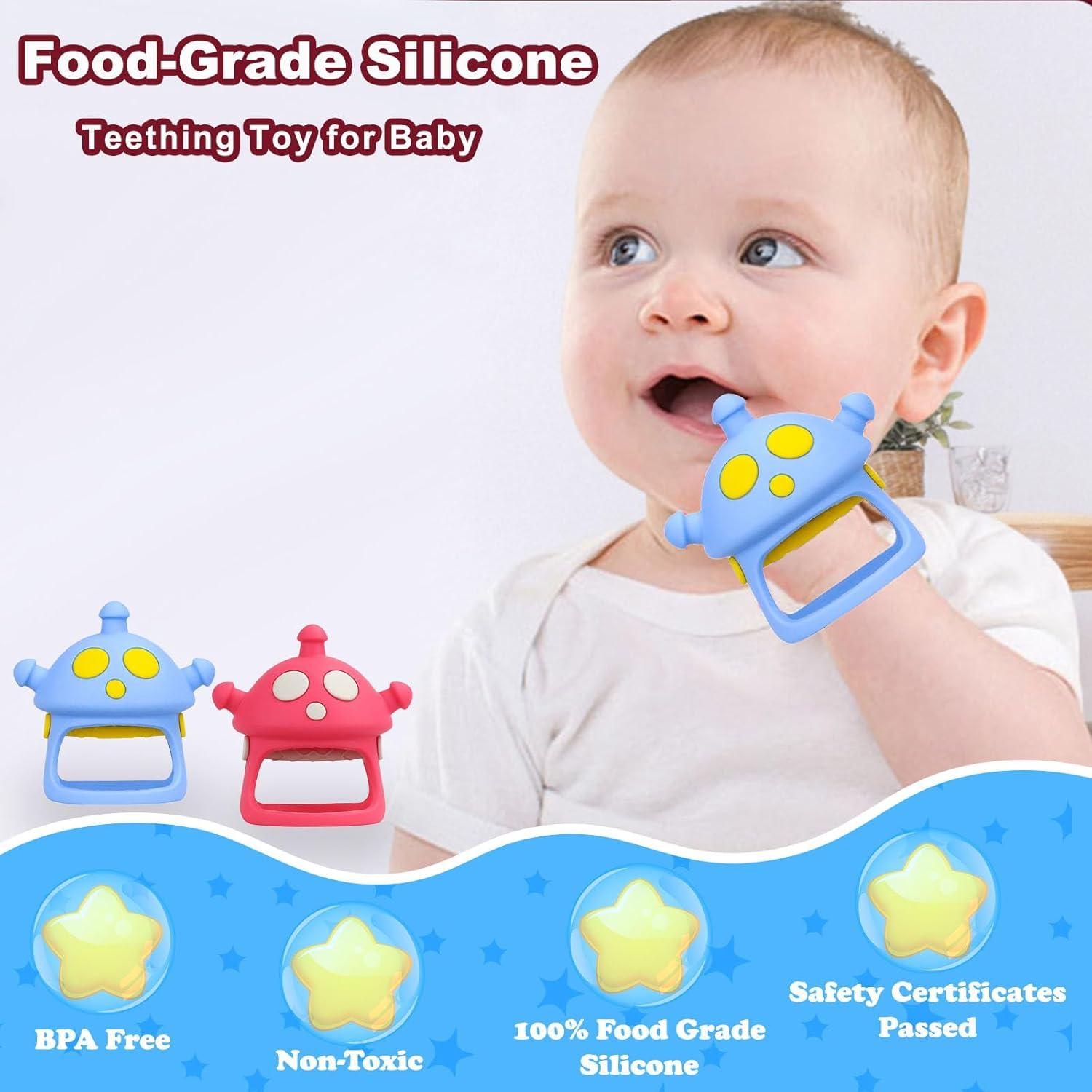 Baby Teether Toys, 100% Silicone Baby Teether Mitten, Teething Glove Prevents Finger Sucking, Bite Toys Chew Toys for Babies Gum Relief, Blue