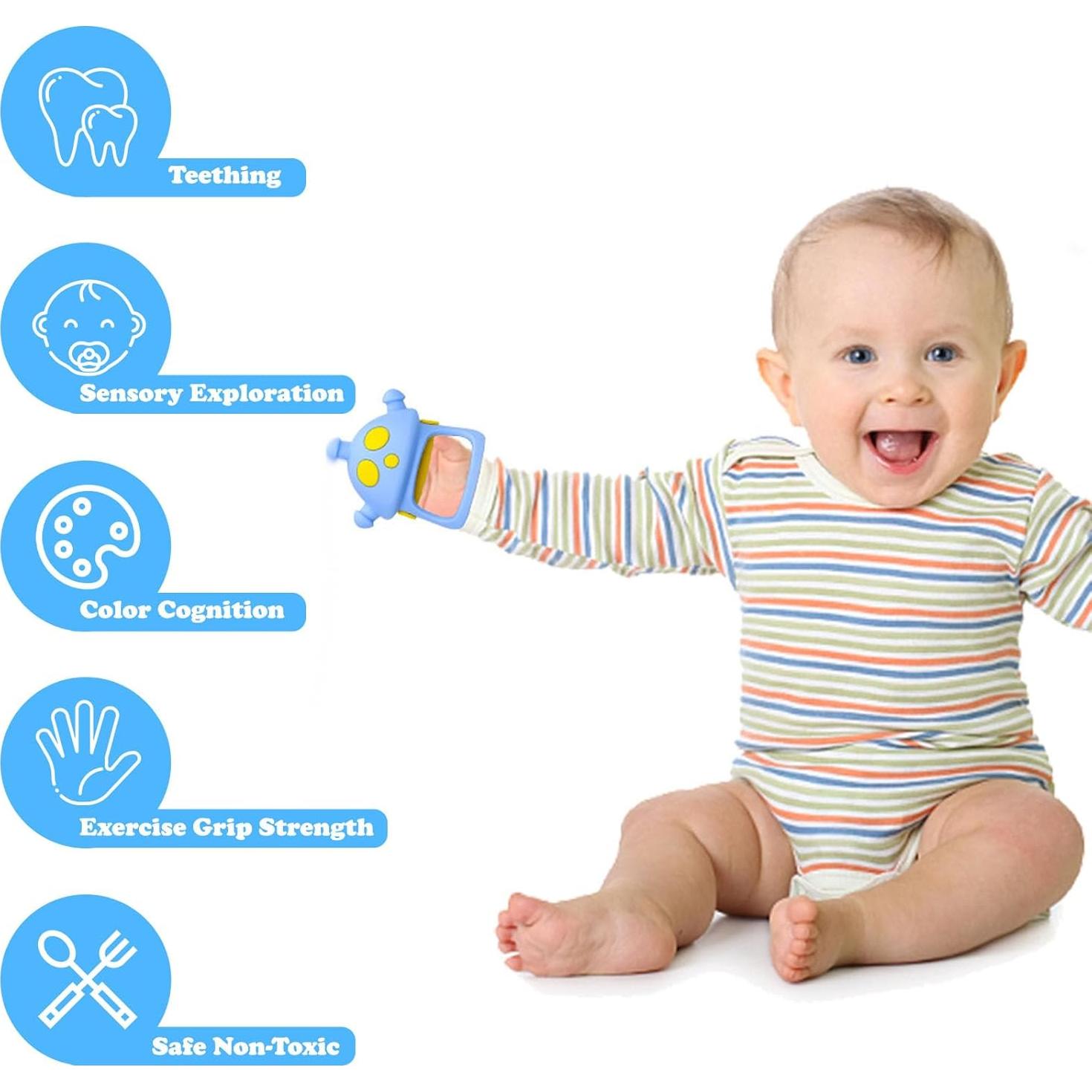 Baby Teether Toys, 100% Silicone Baby Teether Mitten, Teething Glove Prevents Finger Sucking, Bite Toys Chew Toys for Babies Gum Relief, Blue