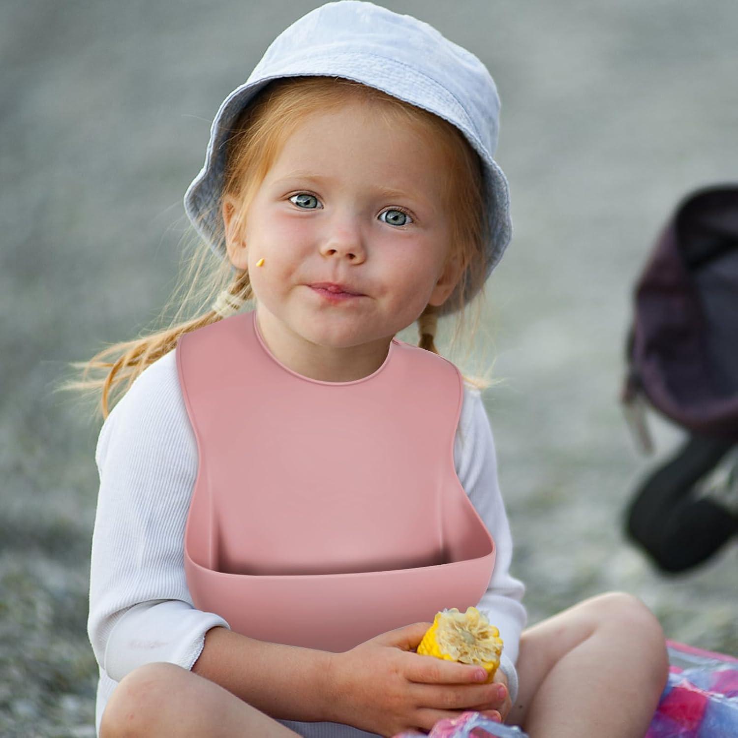 Baberos de Silicona para Bebés - Conjunto de 3 Rosa, Ajustables y Libres de BPA