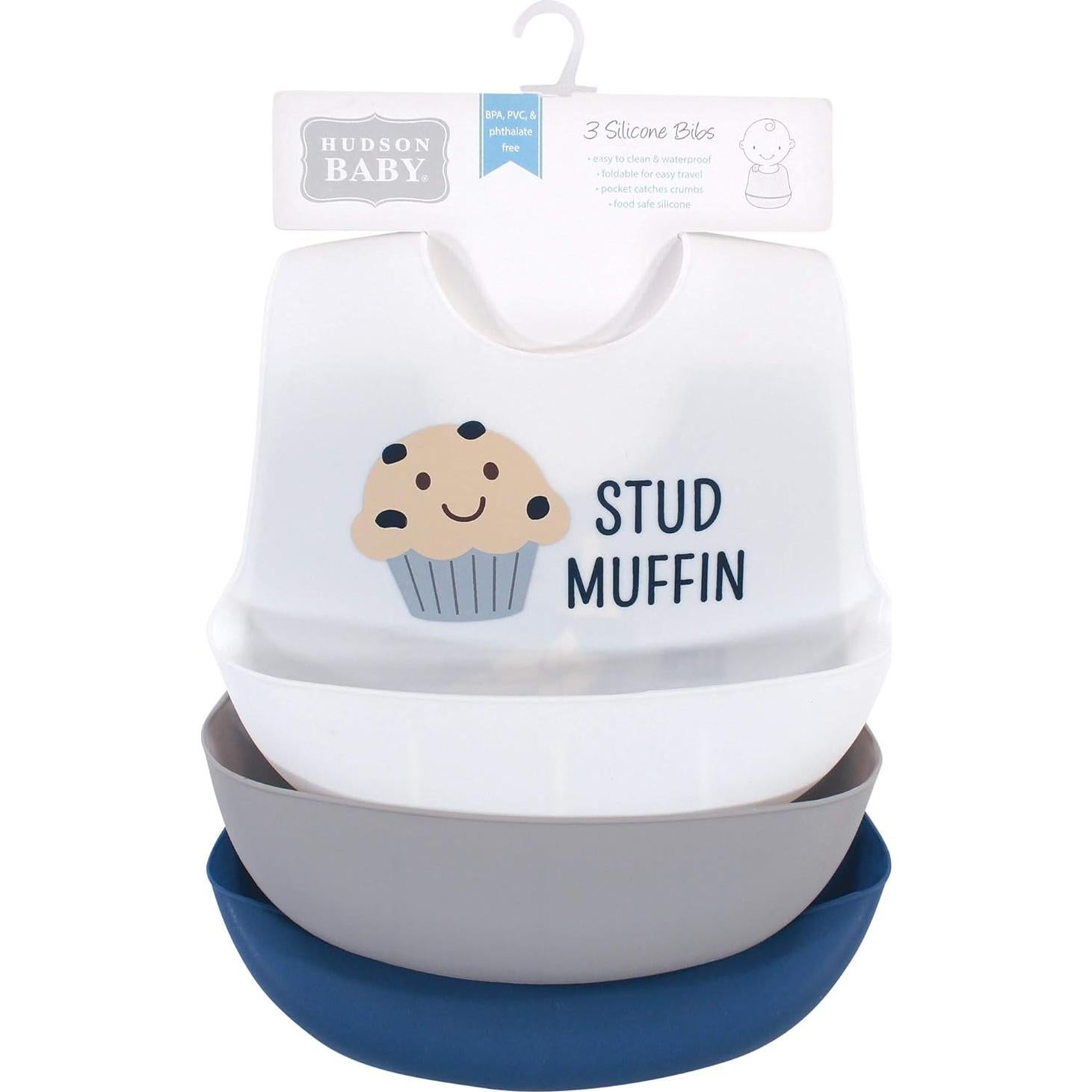 Baberos de Silicona Hudson Baby Unisex 3-Pack Stud Muffin