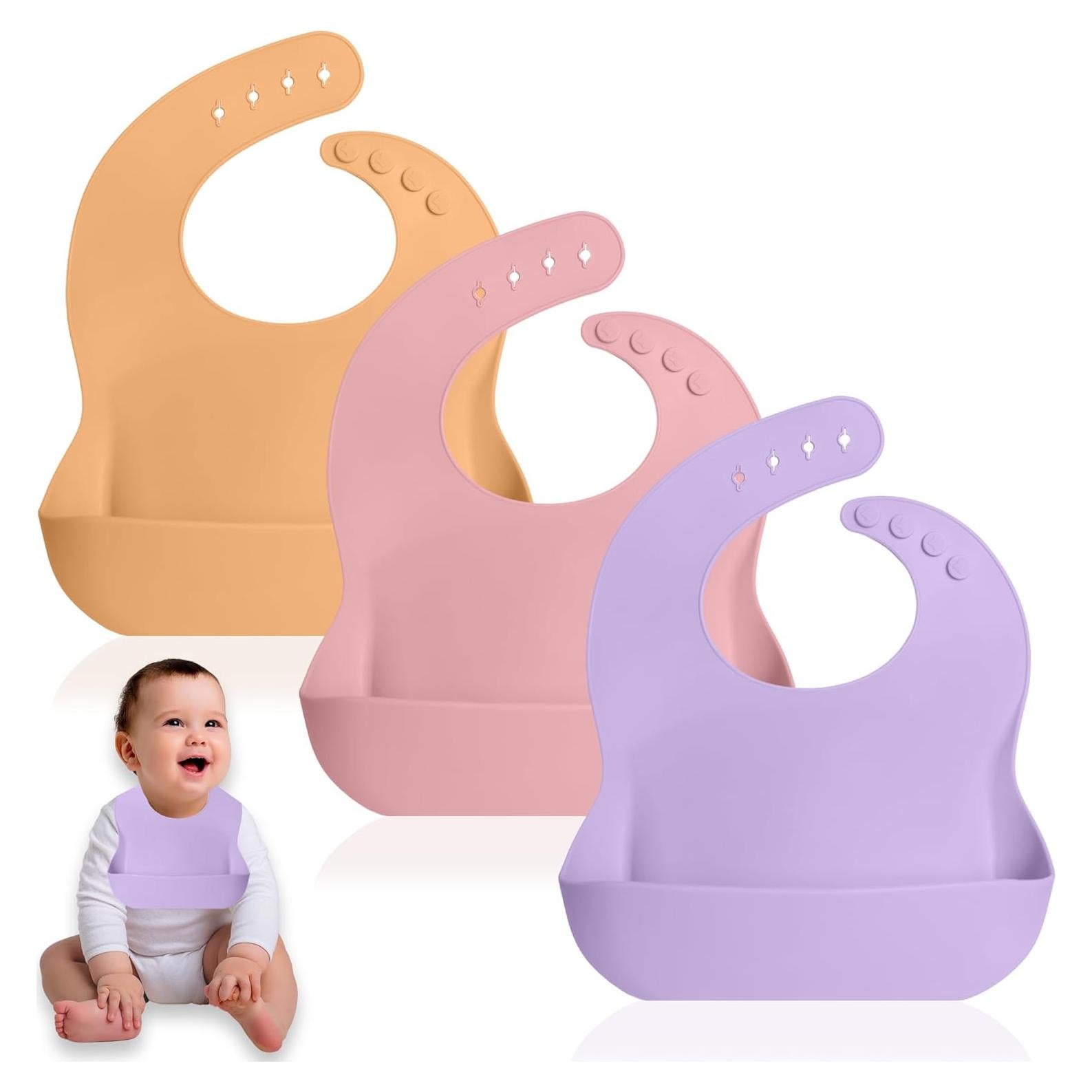 Juego de 3 Baberos de Silicona Rosa - Impermeables y Ajustables