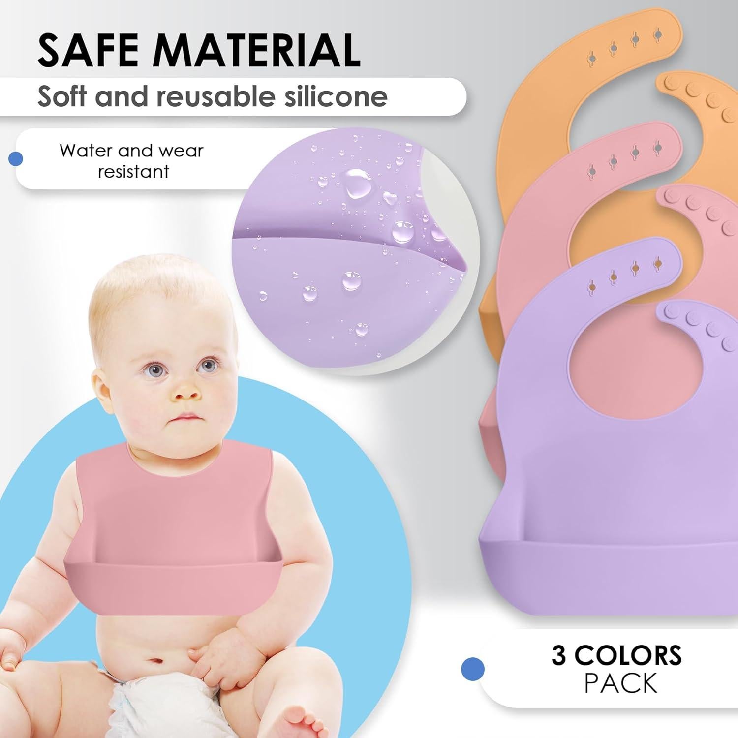 Juego de 3 Baberos de Silicona Rosa - Impermeables y Ajustables