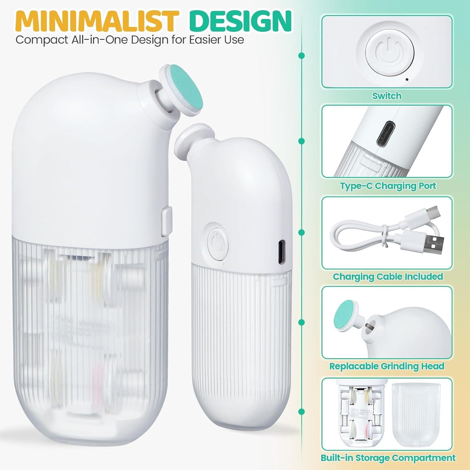 Lima Eléctrica para Uñas IvyWind 7 en 1, Recargable USB, Blanca