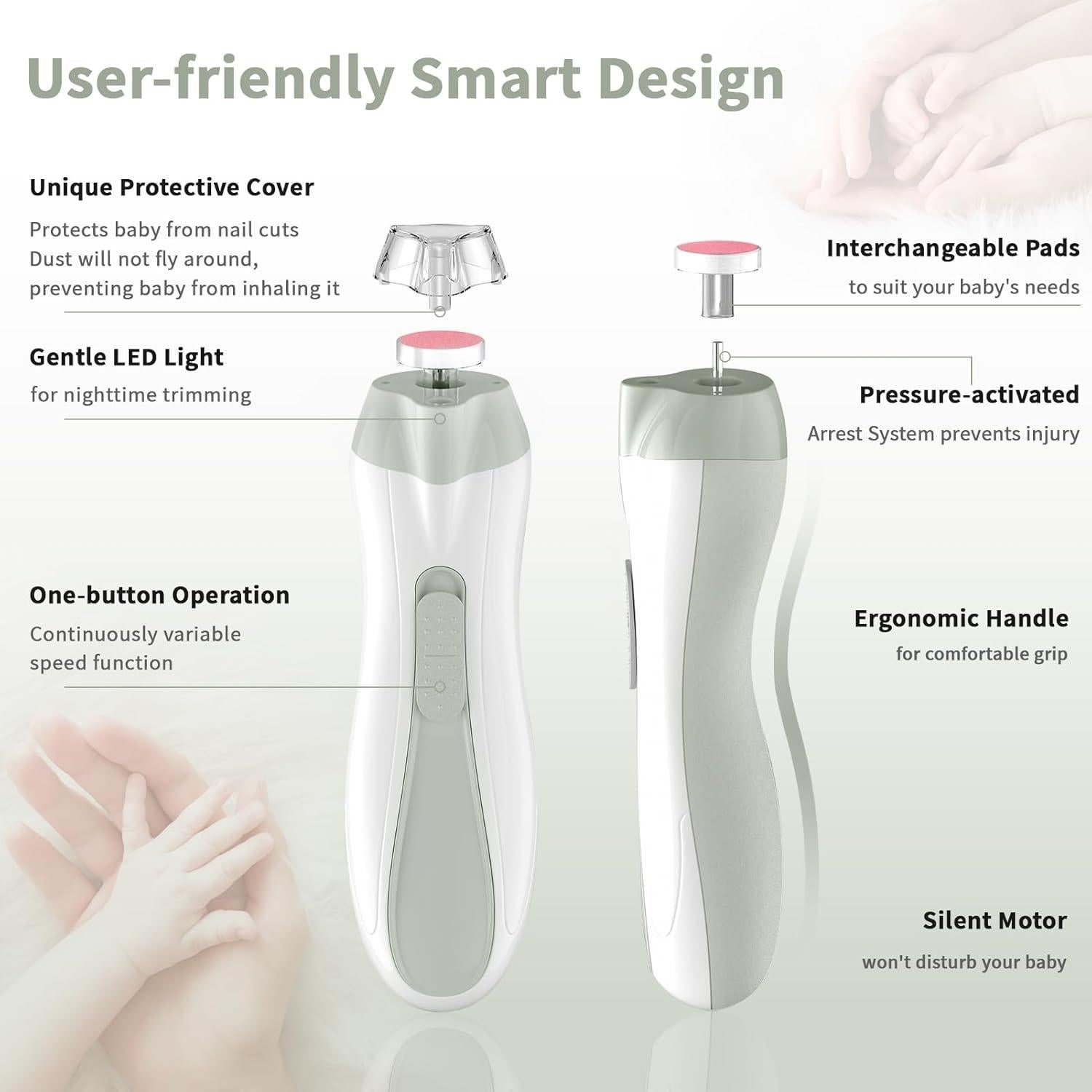 Cortauñas Eléctrico BSRGMS para Bebés y Adultos con Luz LED