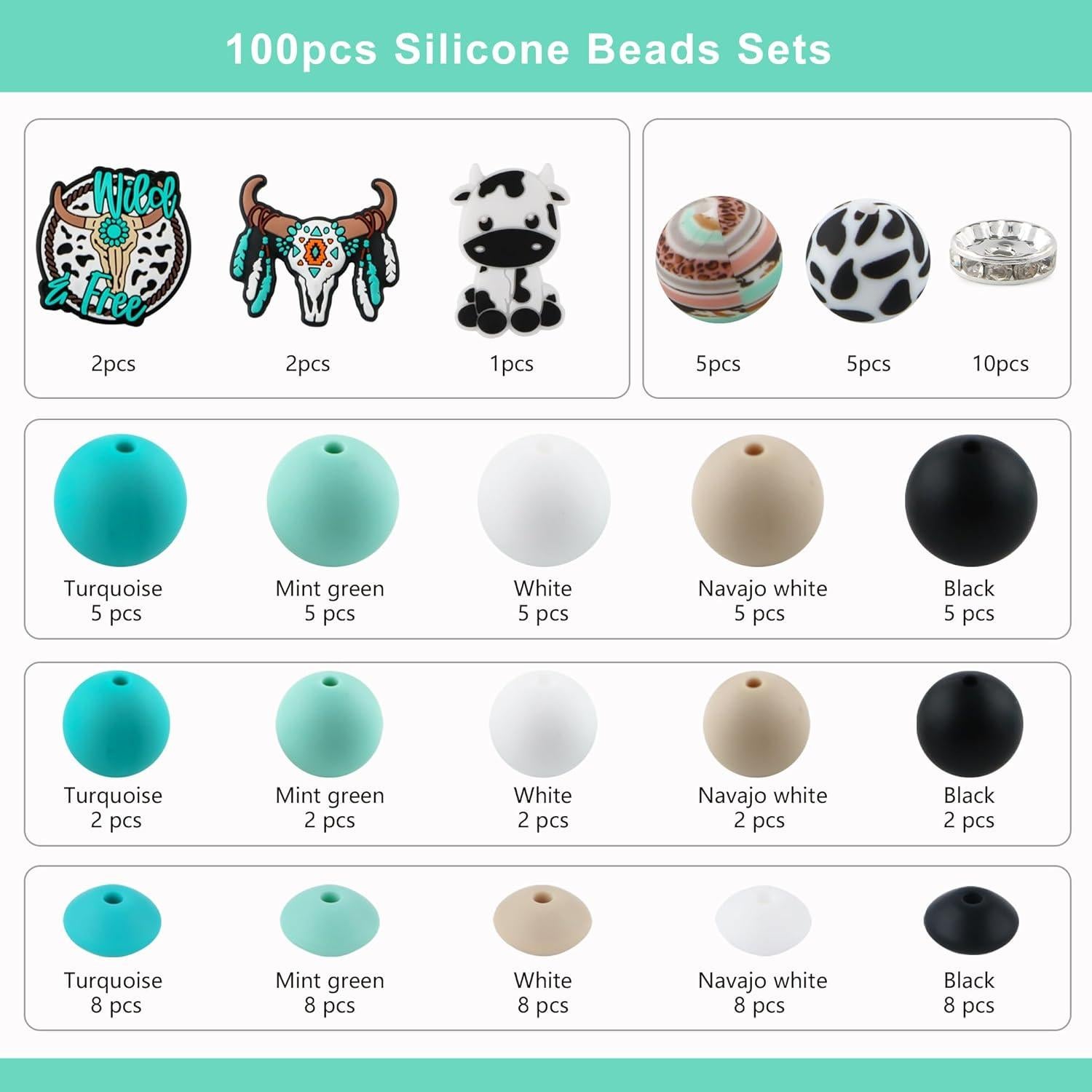 100 Perlas de Silicona HHCFAST Turquesa 15mm y 12mm para DIY