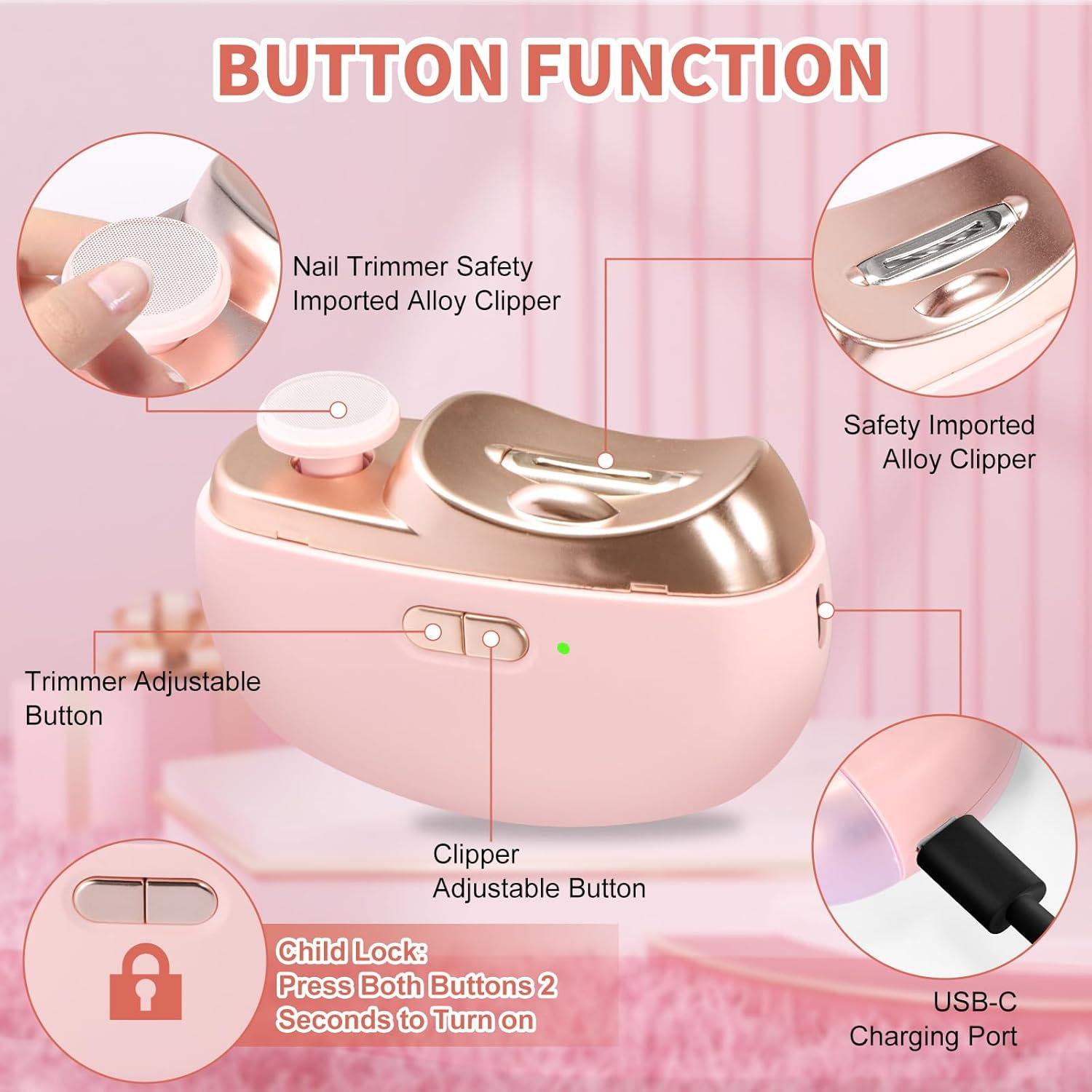 Cortador de Uñas Eléctrico TOPIEI Rosa 3 en 1 con Luz LED