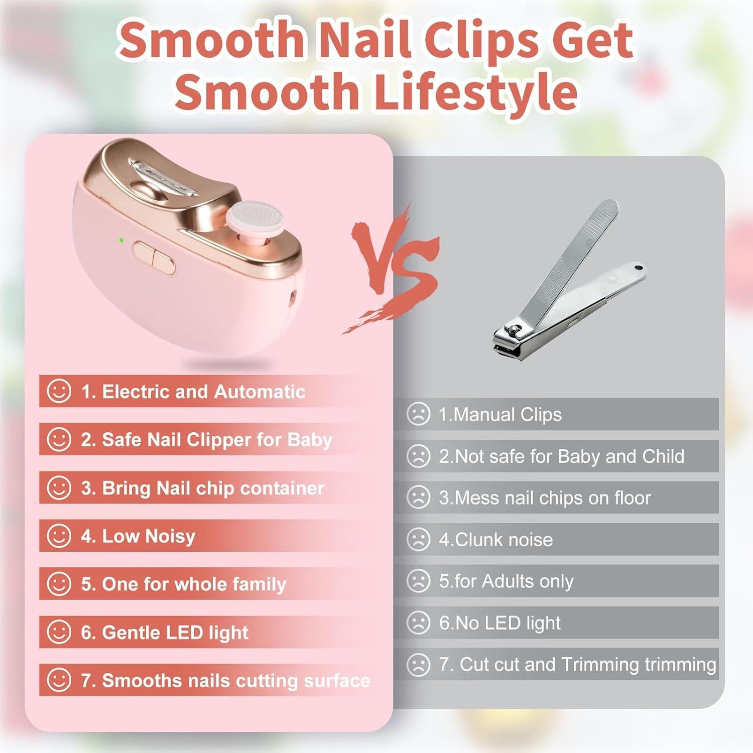 Cortador de Uñas Eléctrico TOPIEI Rosa 3 en 1 con Luz LED