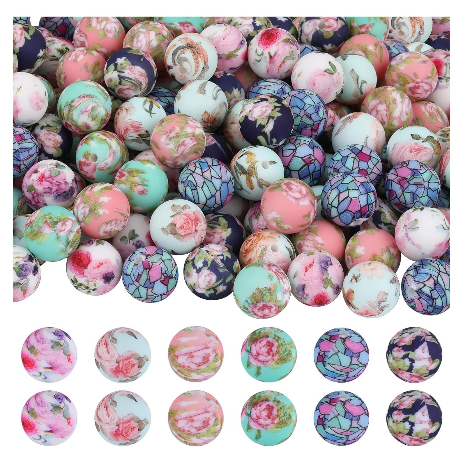 54 Perlas de Silicona 15mm con Diseño Floral para Joyería
