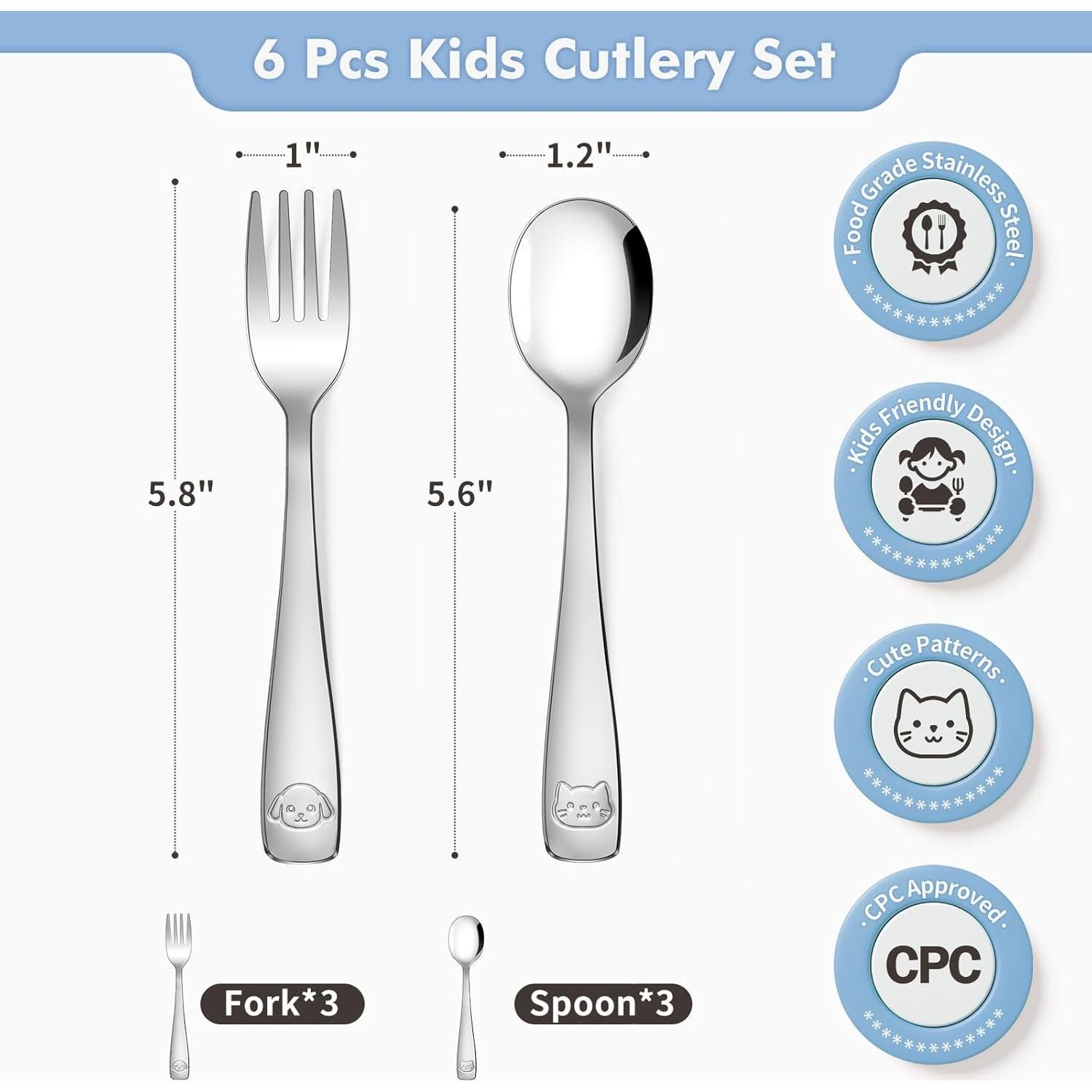 Set de Cubiertos para Niños DRKIO - 6 Piezas Acero Inoxidable