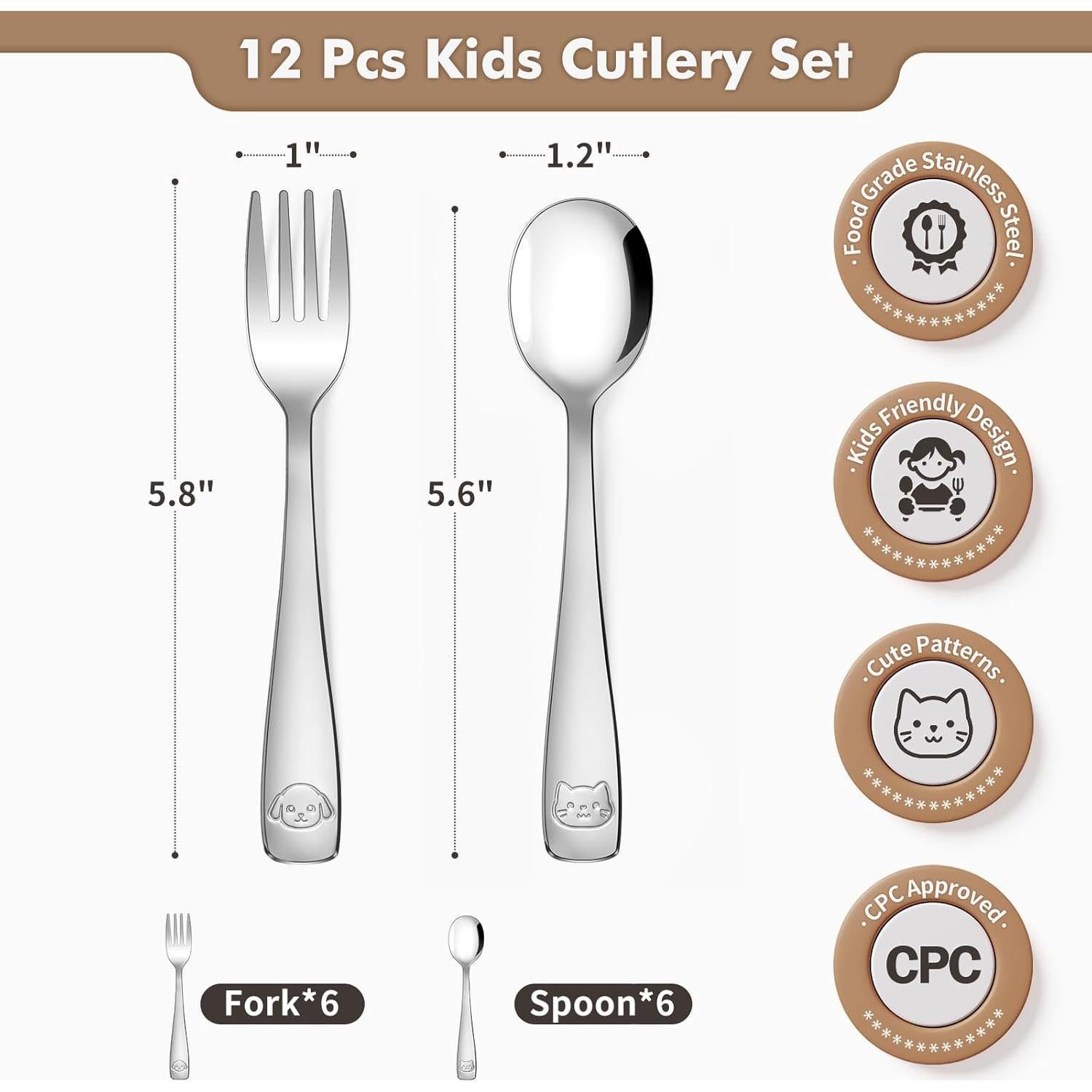 Set de Cubiertos para Niños DRKIO - 12 Piezas Acero Inoxidable