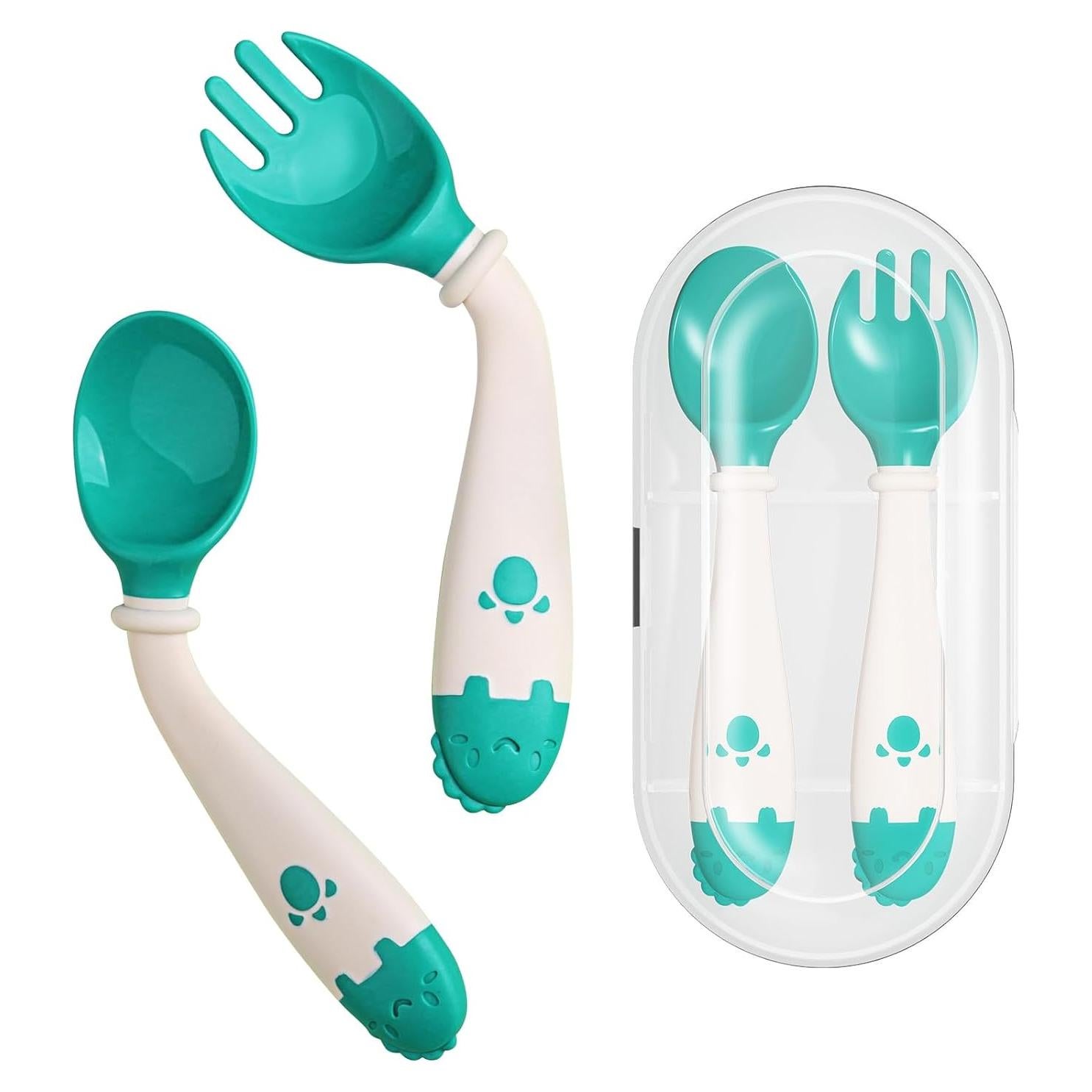 Set de Utensilios para Niños Deejoy con Estuche Verde - Cuchara y Tenedor Ergonómicos