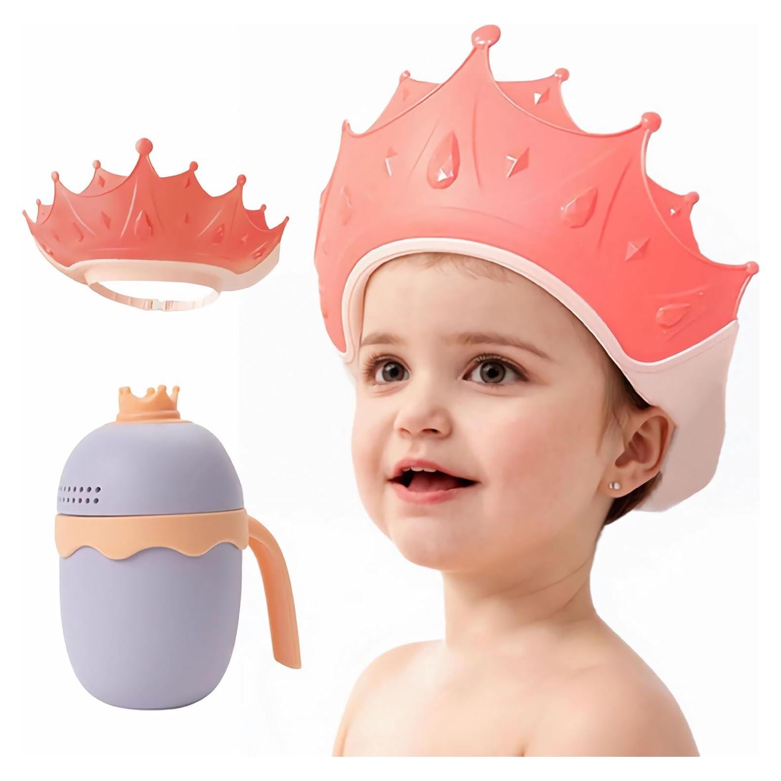 Gorro de Ducha Ajustable para Niños con Taza de Enjuague Rosa