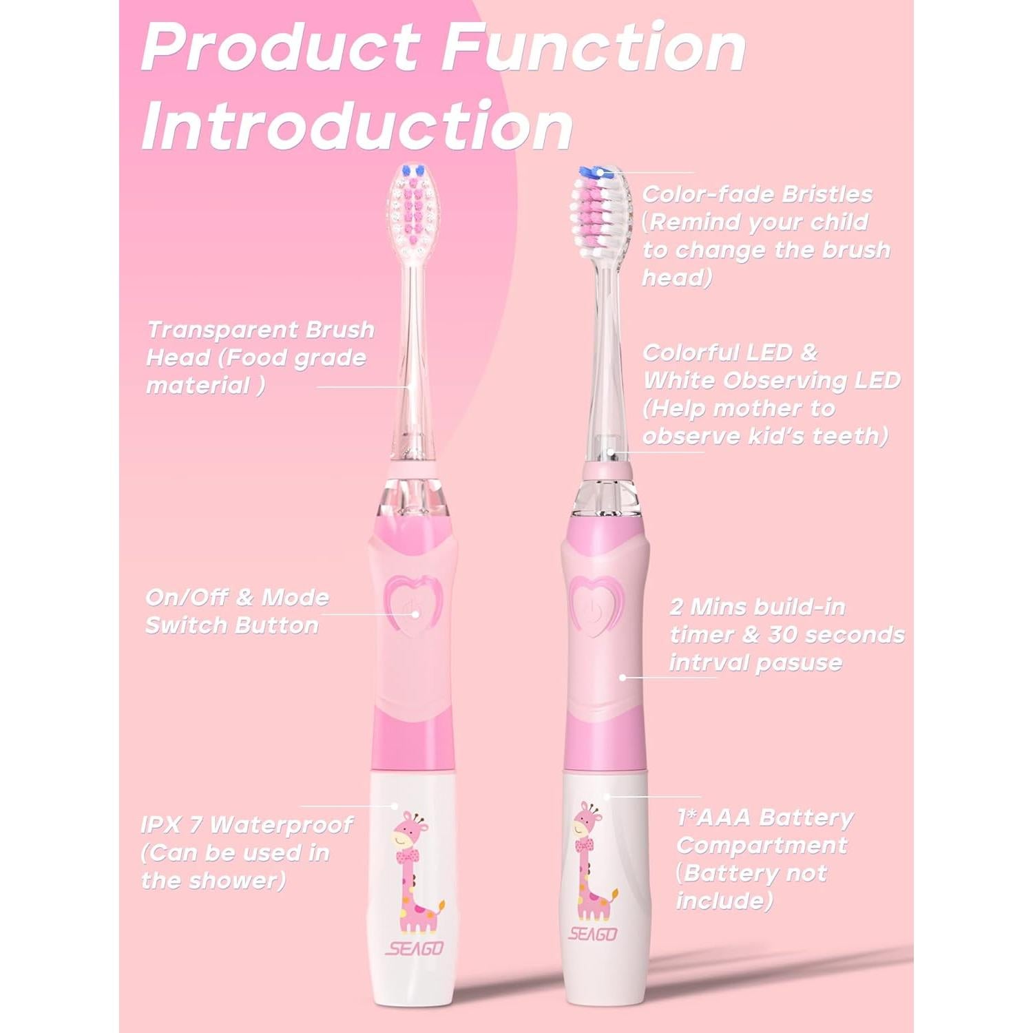 Cepillo de Dientes Eléctrico SEAGO SG-977 para Niños Rosa