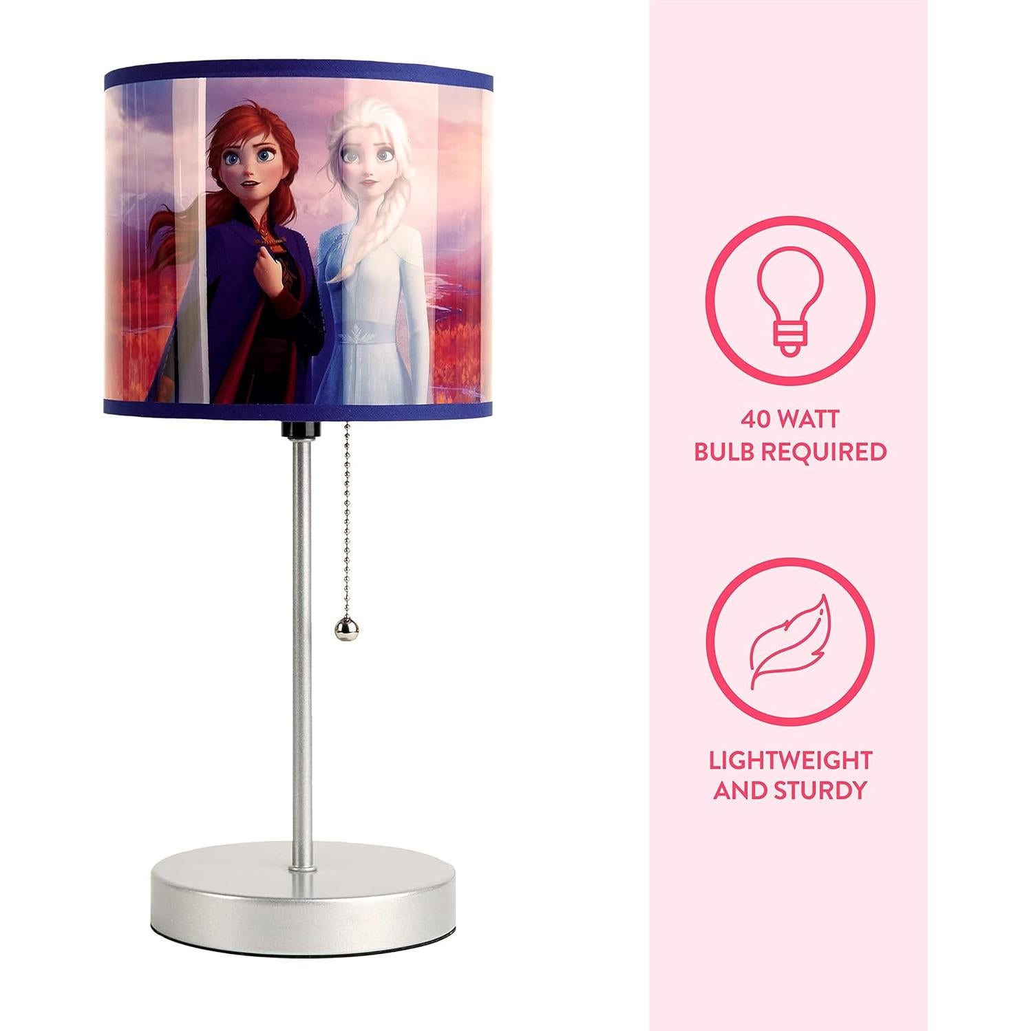 Frozen 2 Stick Table Kids Lamp with Pull Chain, Metal, Themed Printed Decorative Shade