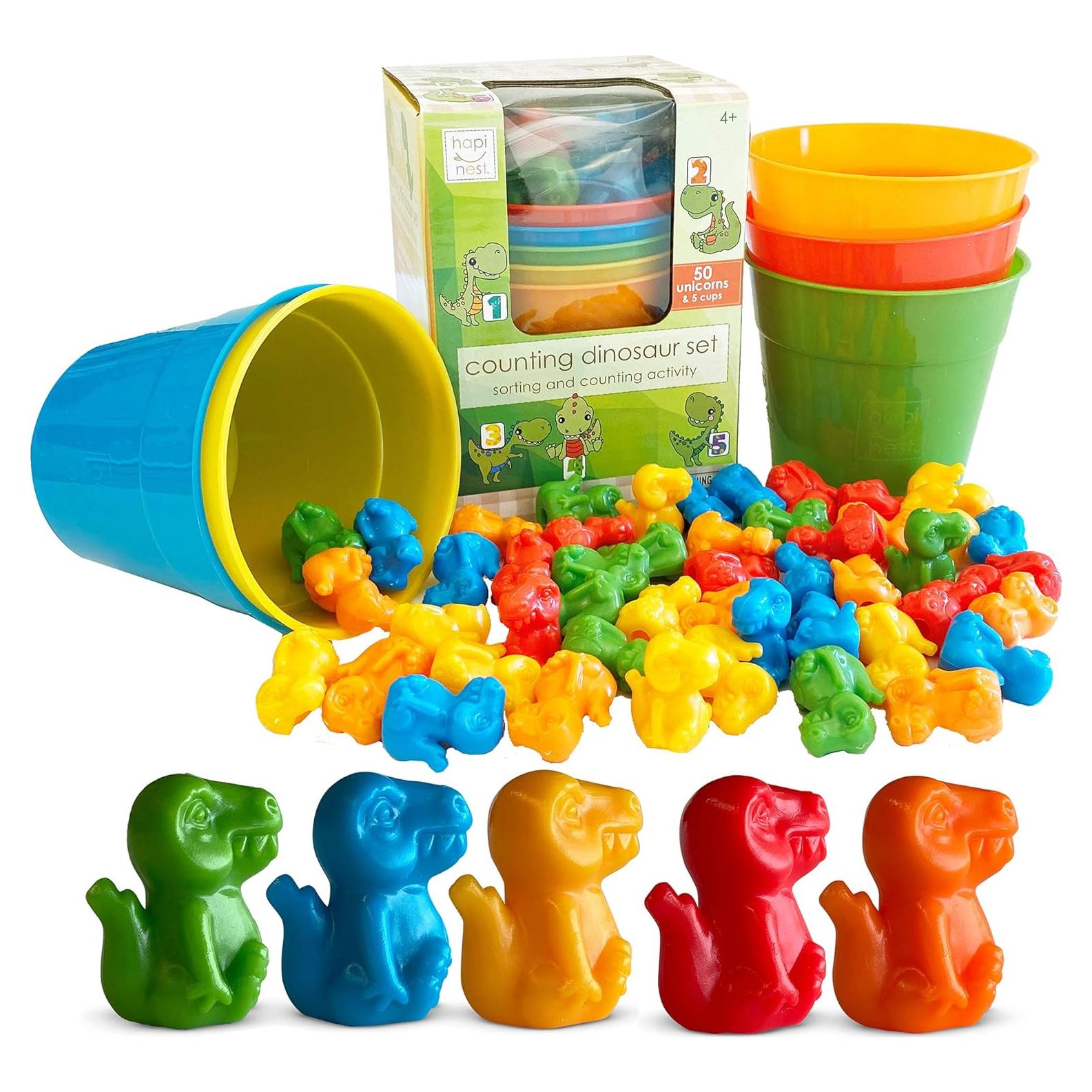 Conjunto de Actividades de Clasificación y Conteo Hapinest - 50 Dinosaurios y 5 Tazas