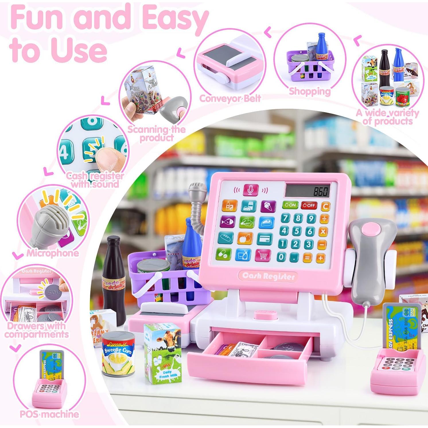 Caja Registradora Juguete PLAY Rosa con Calculadora y Accesorios
