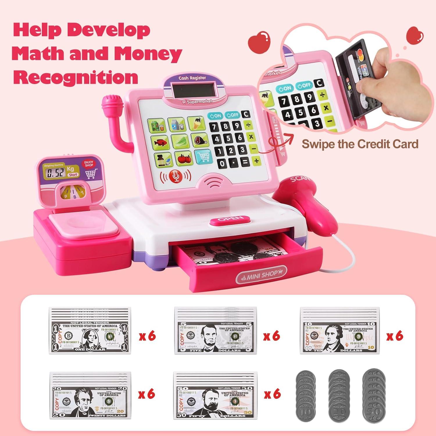 Caja Registradora Rosa con Calculadora para Niños 3-8 Años