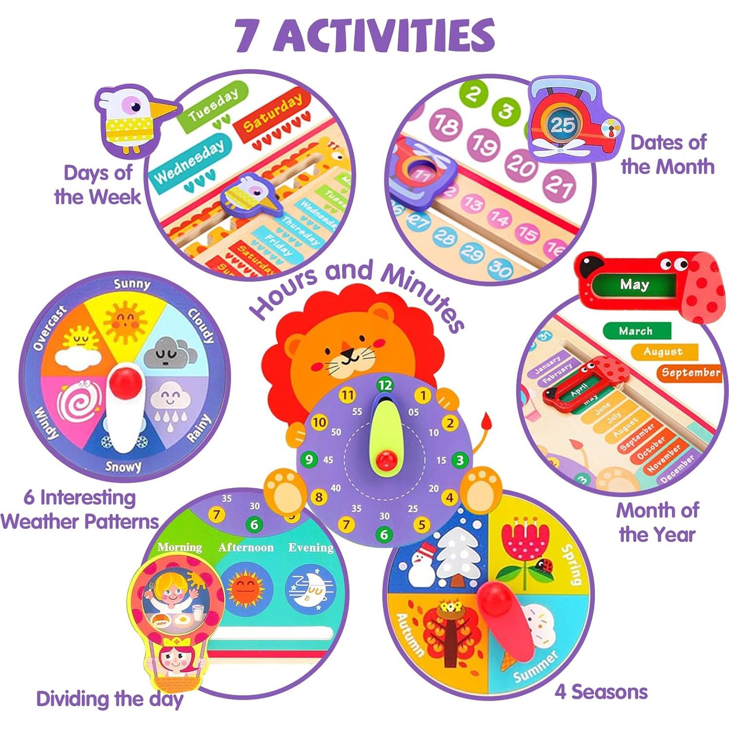 Calendario de Madera Montessori para Niños 4 Años - Reloj Educativo