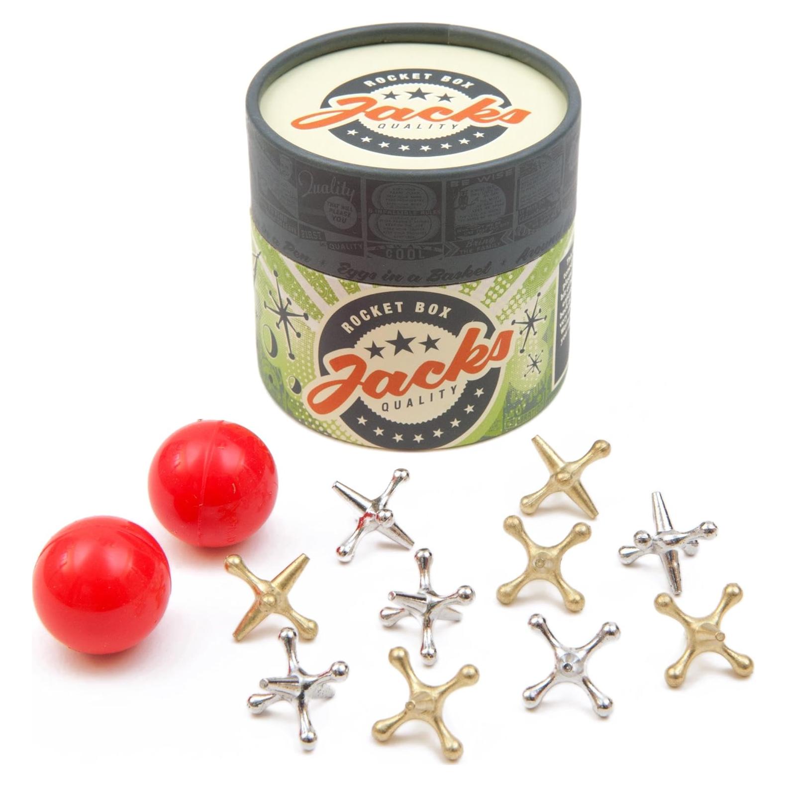 Juego de Jacks Retro Rocket Box con 10 Jacks y 2 Pelotas Rojas