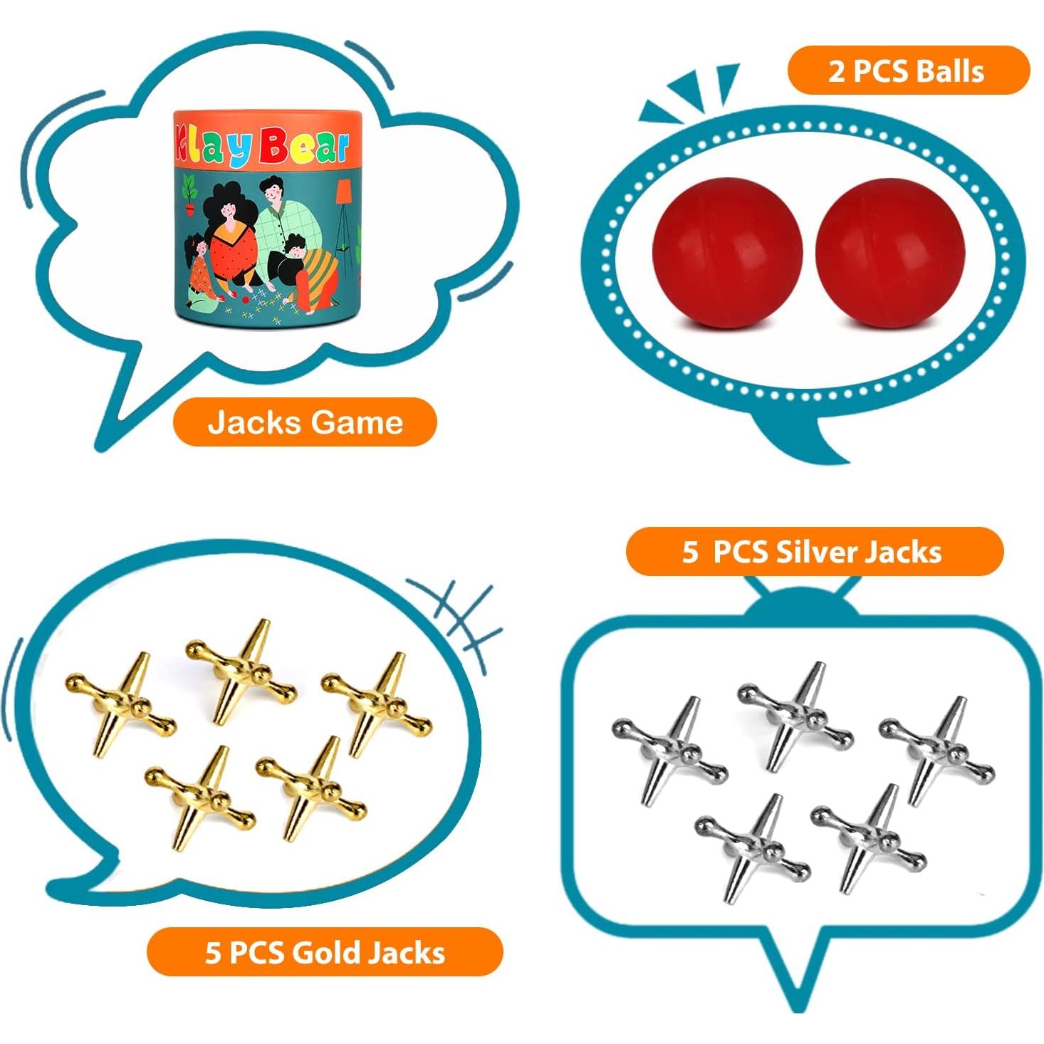 Juego de Jacks Retro KlayBear con 10 Jacks y 2 Pelotas Rojas