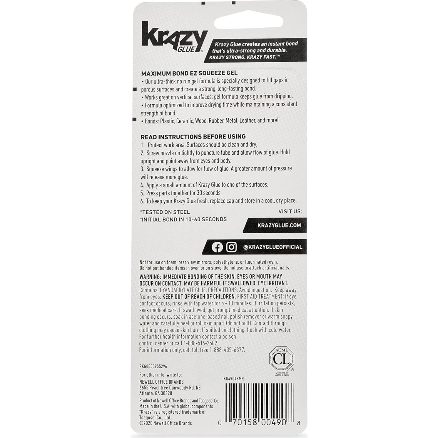 Krazy Glue Max Bond Gel 4 g - Super Pegamento Transparente