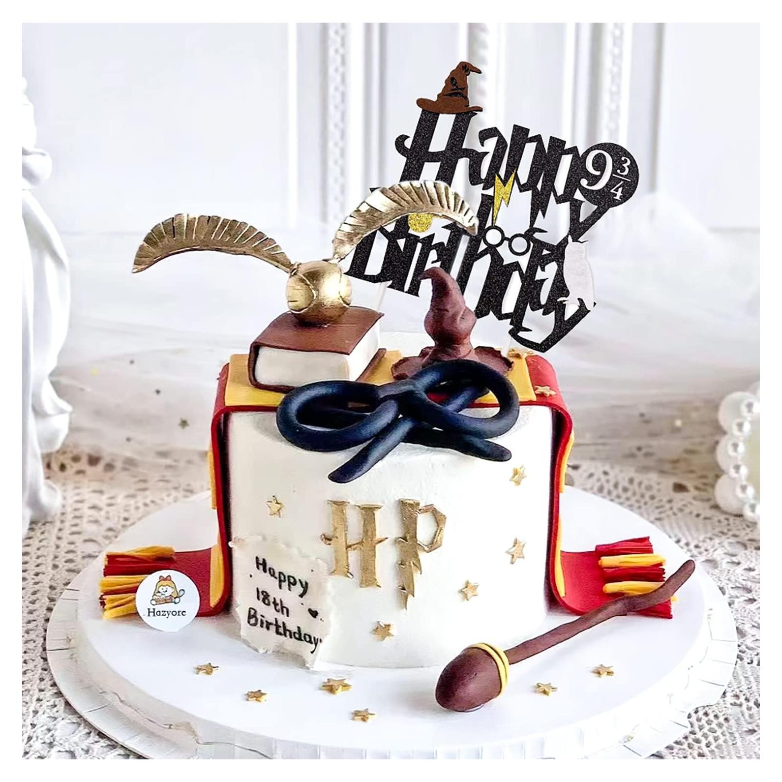 Happy Birthday Cake Topper, Glitter Cake Pick Glitter Black Wizard Themed Cake Decoration Wizard Party Supplies Potter Themed Party